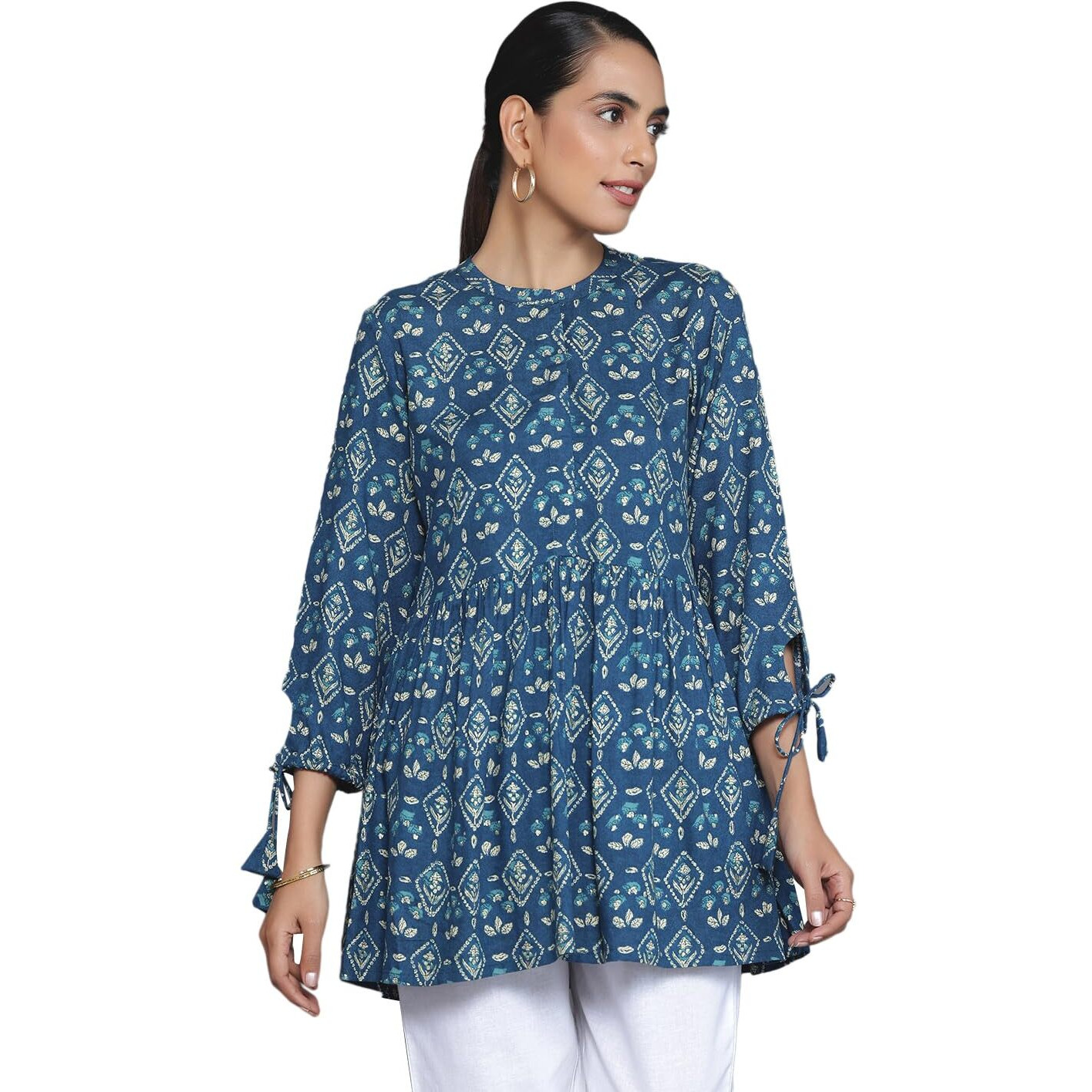 Libas Women's Viscose Rayon Printed A-Line Kurtis (26597_Blue_M)