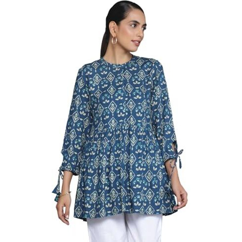 Libas Women's Viscose Rayon Printed A-Line Kurtis (26597_Blue_Xl)