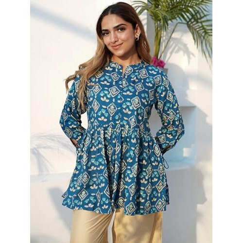Libas Women's Viscose Rayon Printed A-Line Kurtis (26597_Blue_Xl)