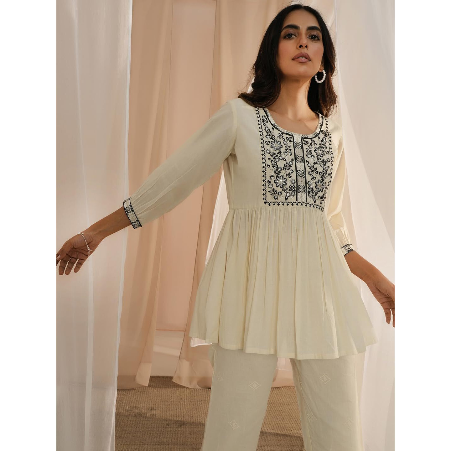 Libas Women's Cotton Yoke Design A-Line Kurtis (26719_Off White