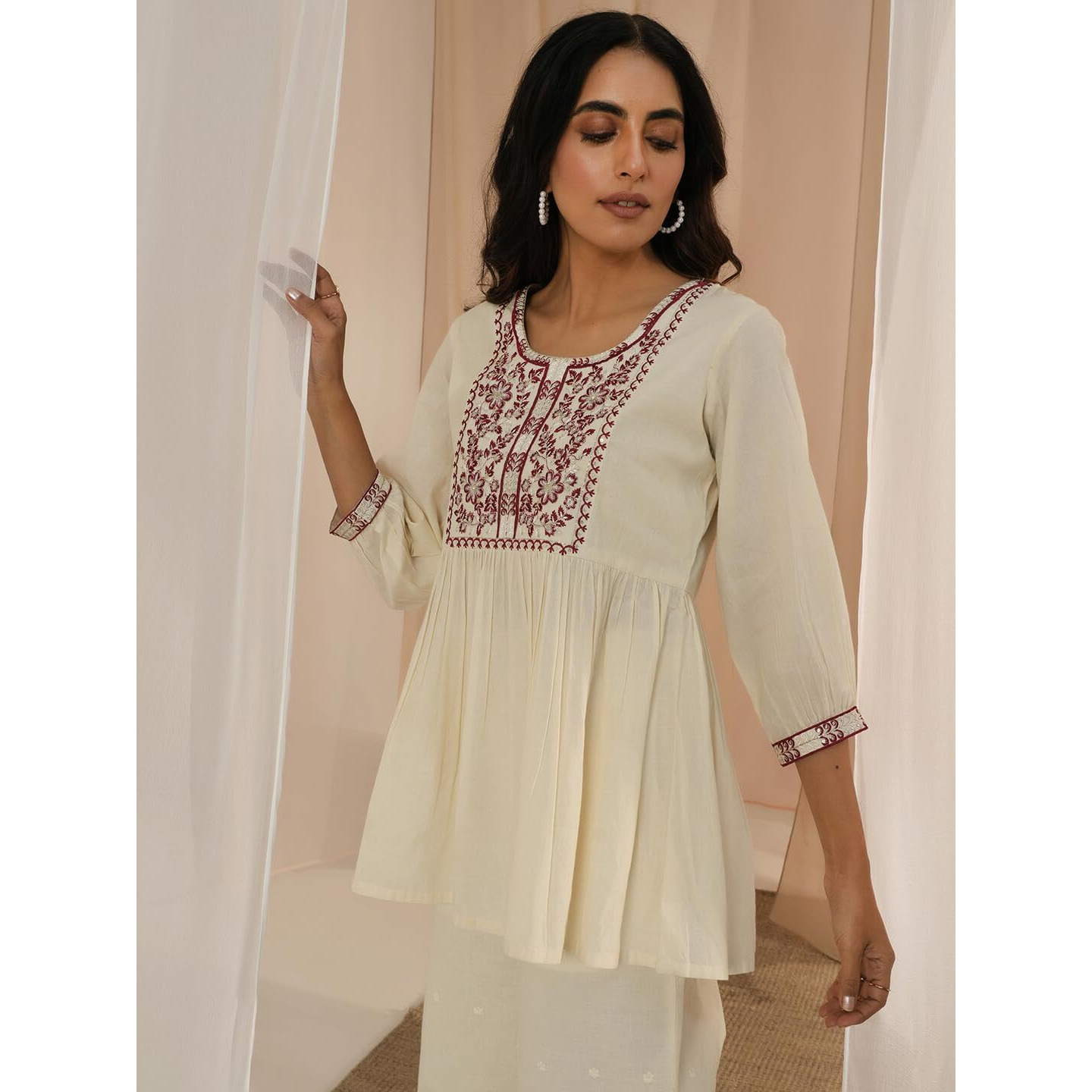 Libas Women's Cotton Yoke Design A-Line Kurtis (26720_Off White