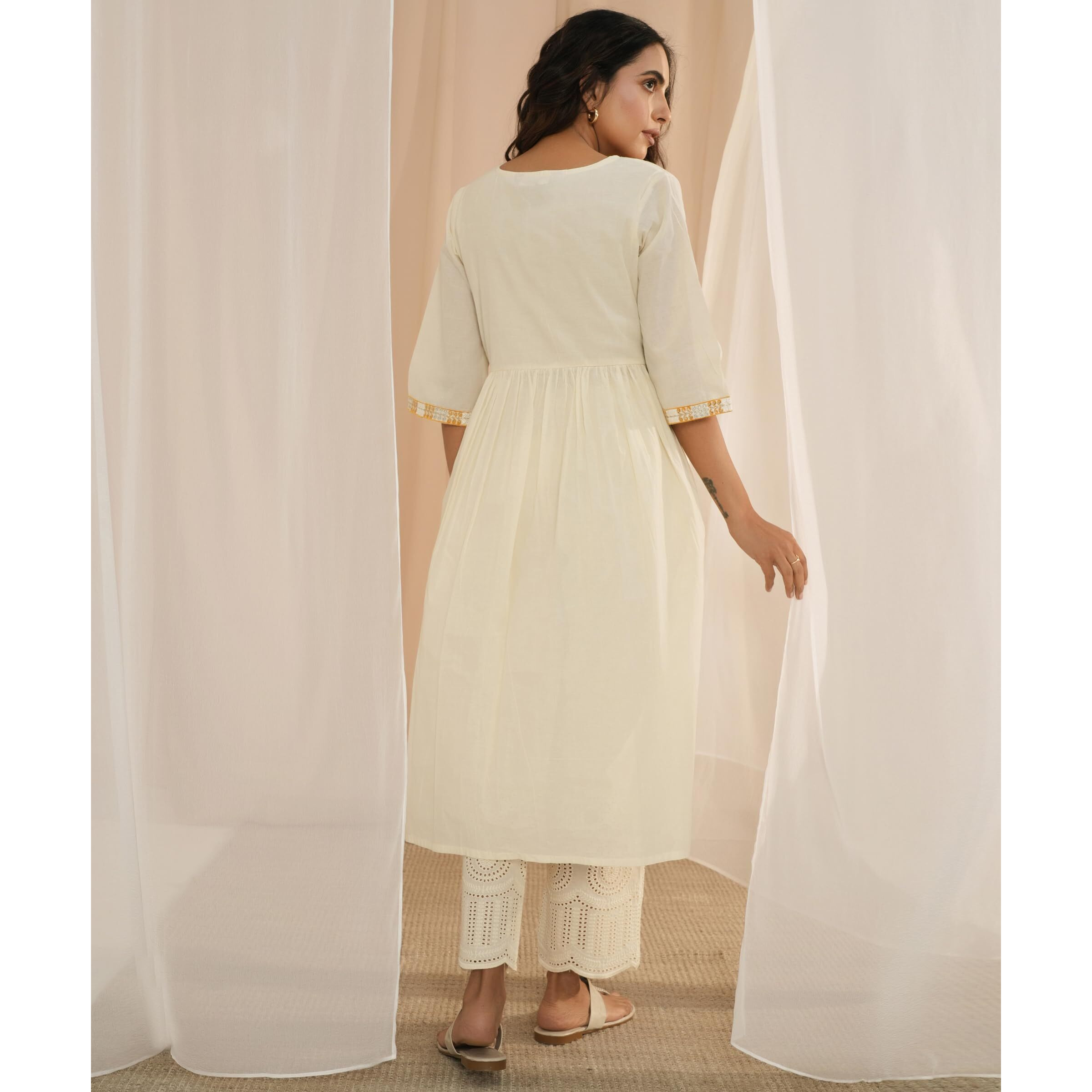 Libas Women's Cotton Printed A-Line Kurta (26725_Off White