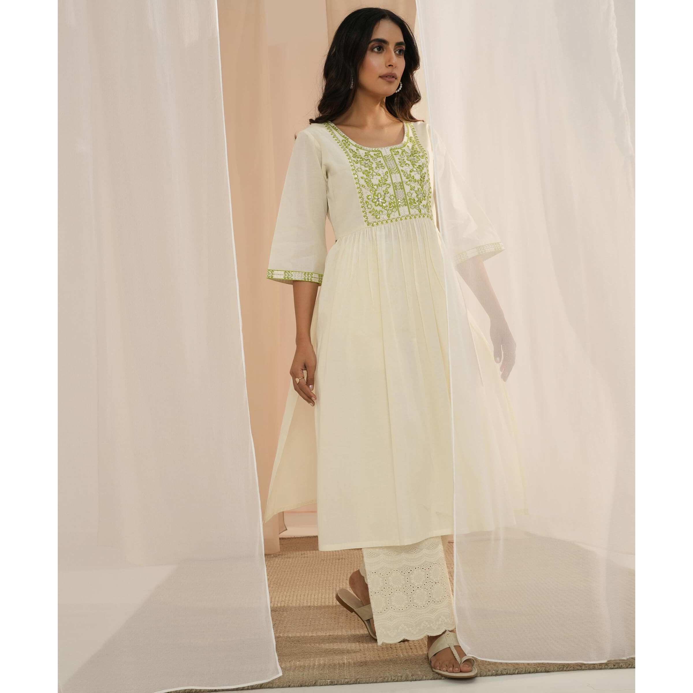 Libas Women's Cotton Printed A-Line Kurta (26726_Off White