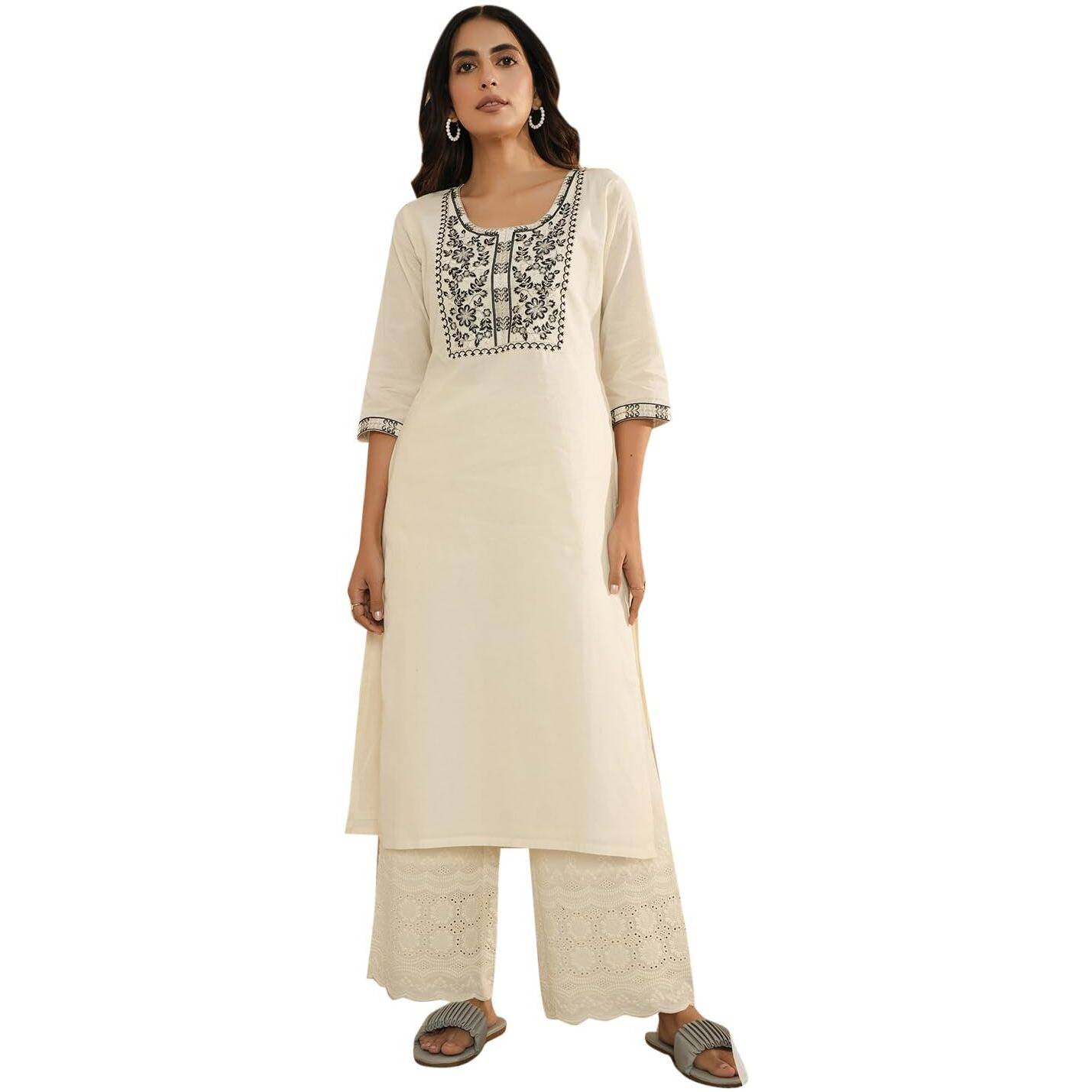 Libas Women's Cotton Yoke Design Straight Kurta (26721_Off White