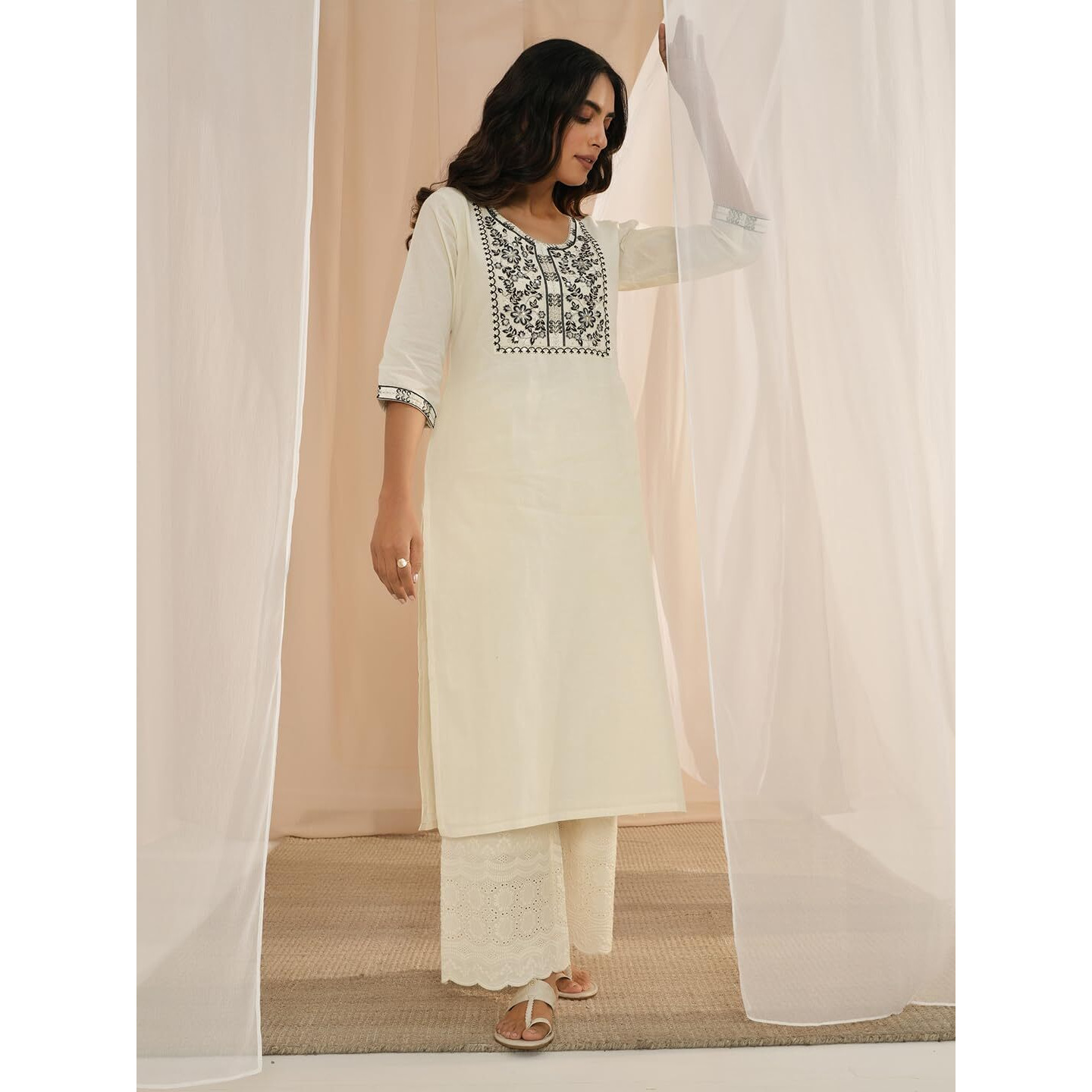 Libas Women's Cotton Yoke Design Straight Kurta (26721_Off White