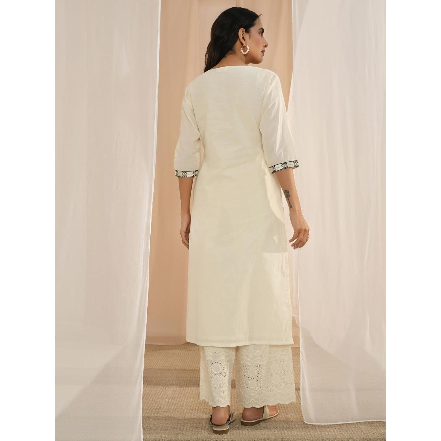 Libas Women's Cotton Yoke Design Straight Kurta (26721_Off White