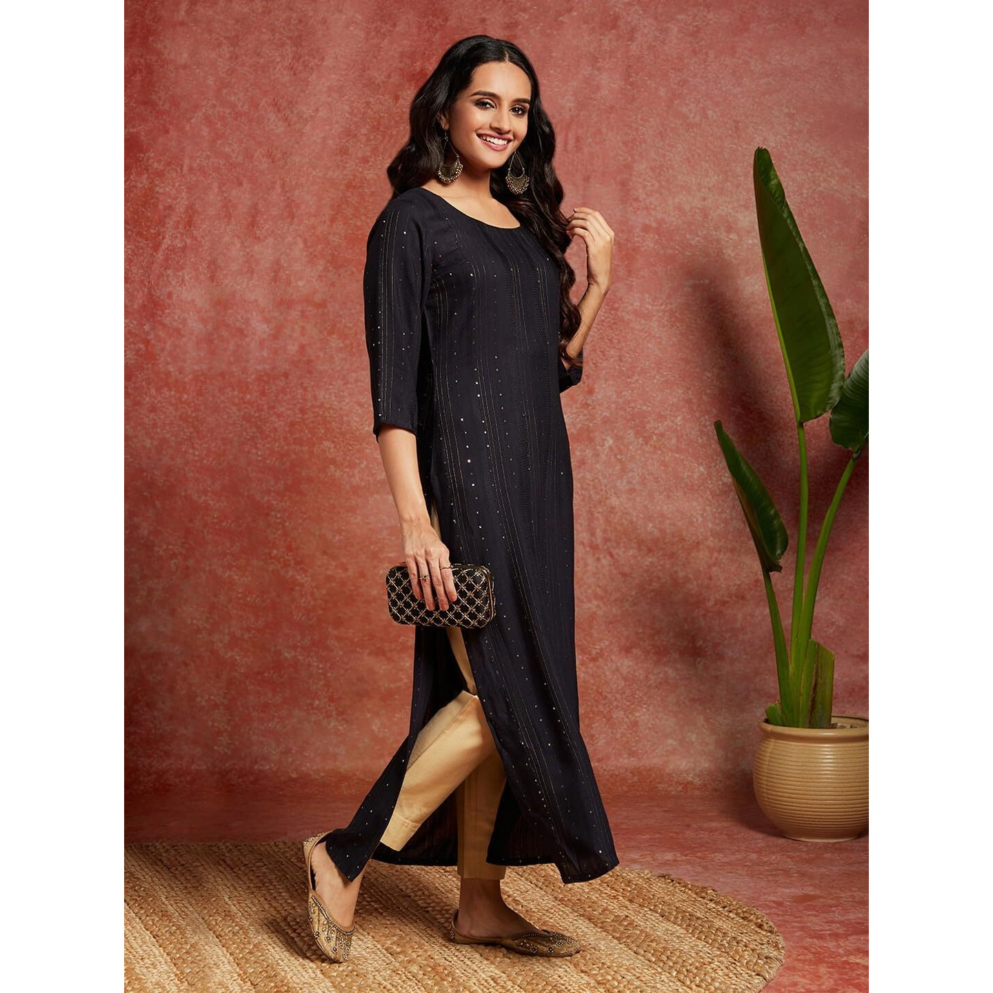 Libas Women's Viscose Rayon Woven Design Straight Kurta (26510_Charcoal
