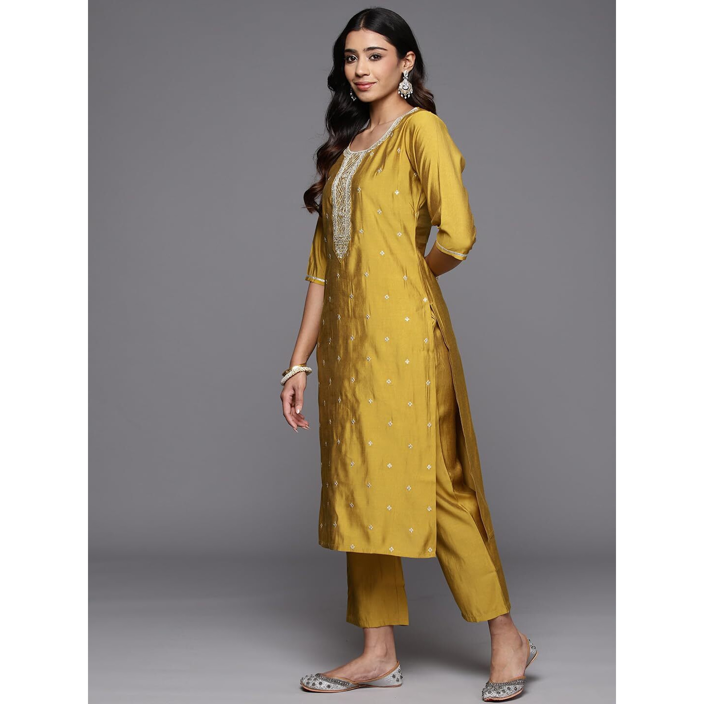Libas Women's Silk Blend Kurta Sets (Gs850_Yellow_Xl)