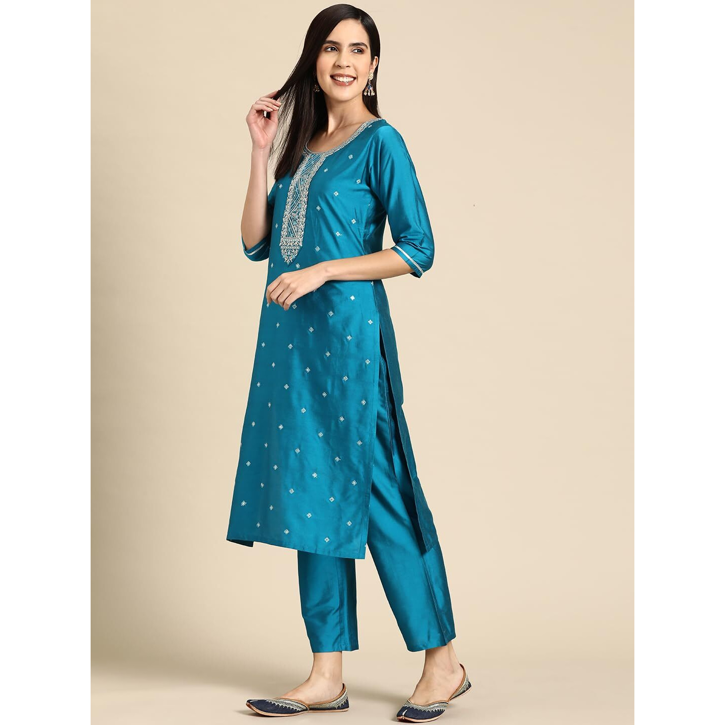 Libas Gerua Womens Yoke Design Silk Blend Straight Kurta With Trousers And Dupatta
