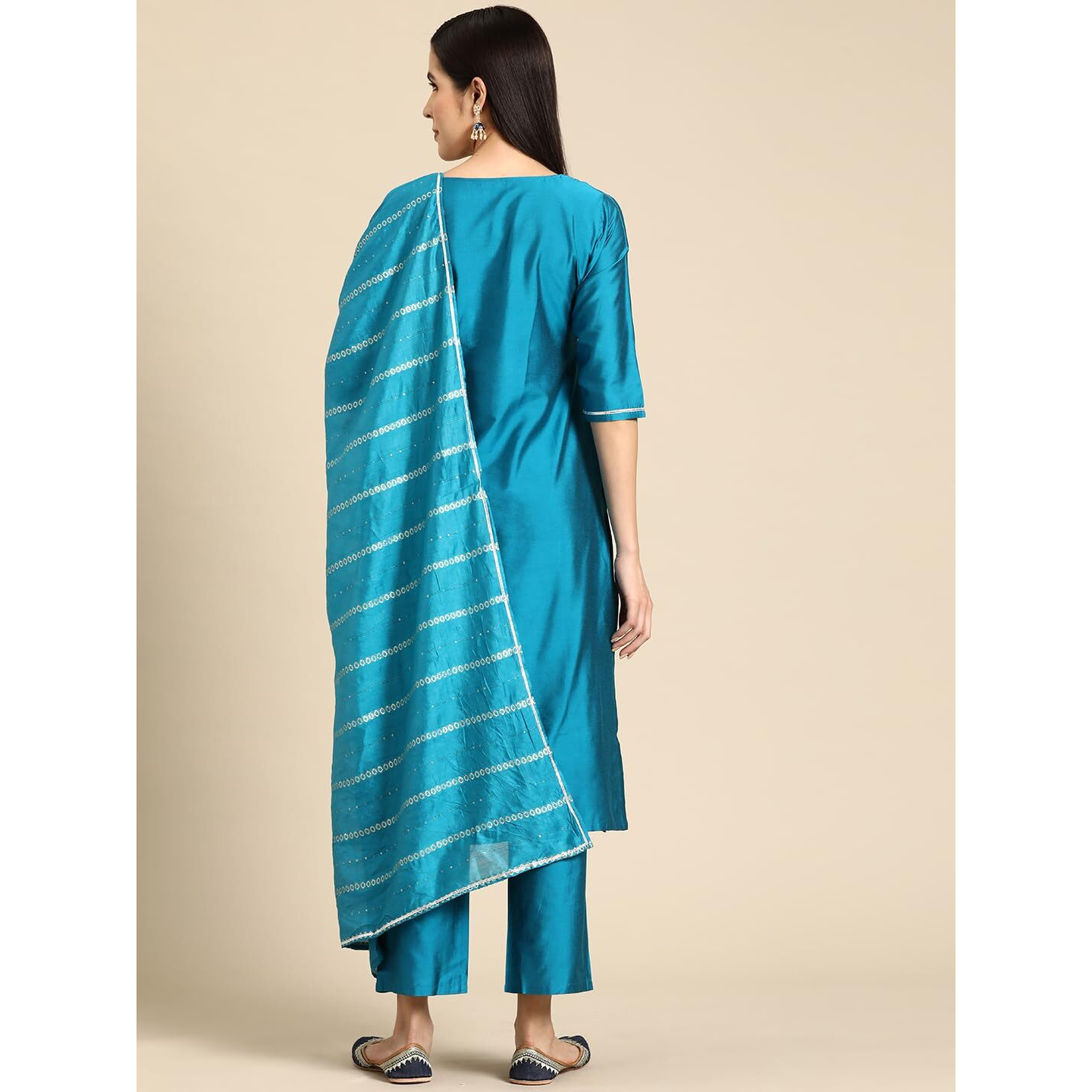 Libas Gerua Womens Yoke Design Silk Blend Straight Kurta With Trousers And Dupatta