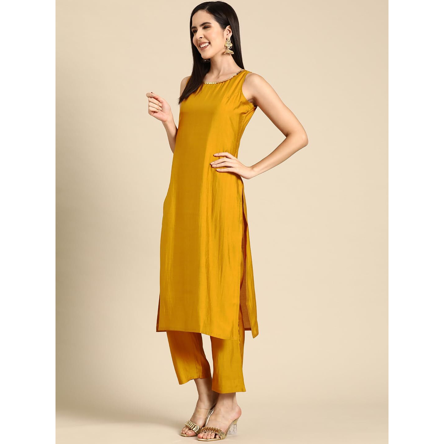 Libas Gerua Womens Solid Silk Blend Straight Kurta With Trousers And Dupatta