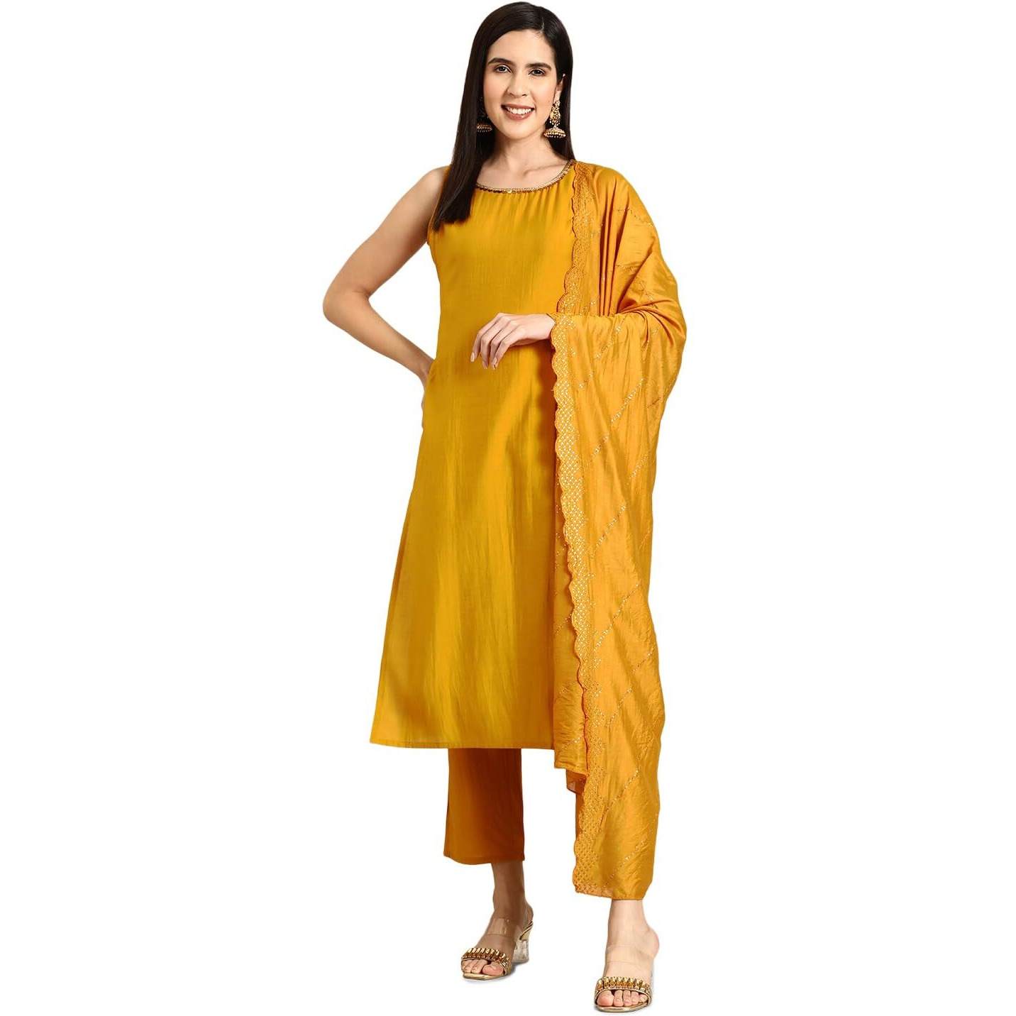 Libas Gerua Womens Solid Silk Blend Straight Kurta With Trousers And Dupatta
