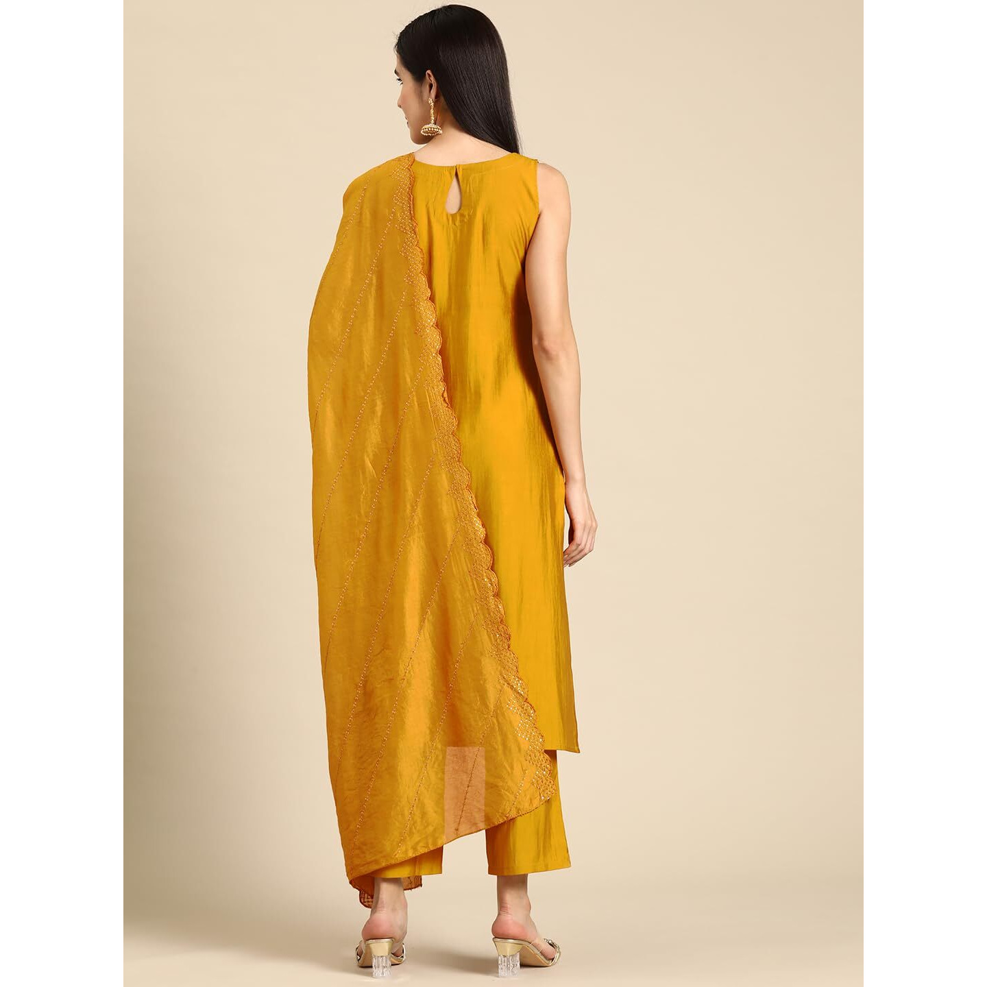Libas Gerua Womens Solid Silk Blend Straight Kurta With Trousers And Dupatta