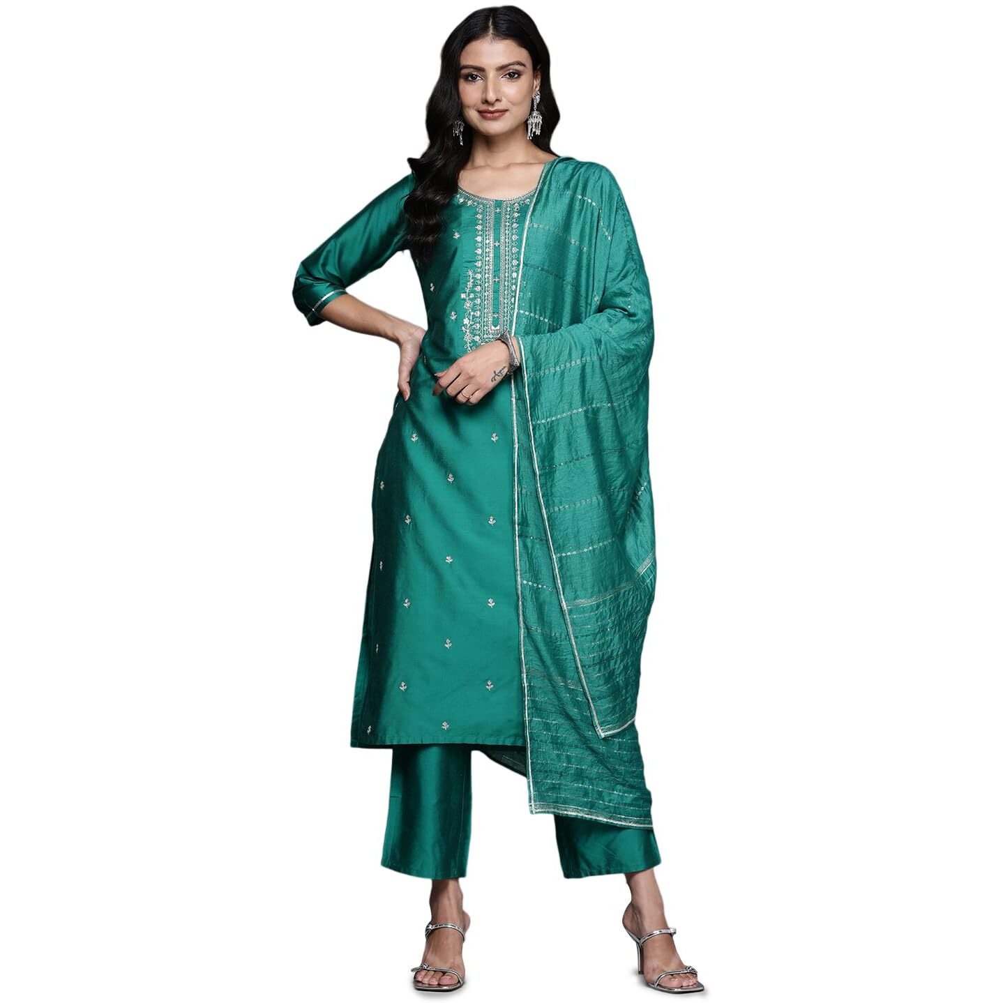 Libas Women's Silk Blend Kurta Sets (Gs877_Green