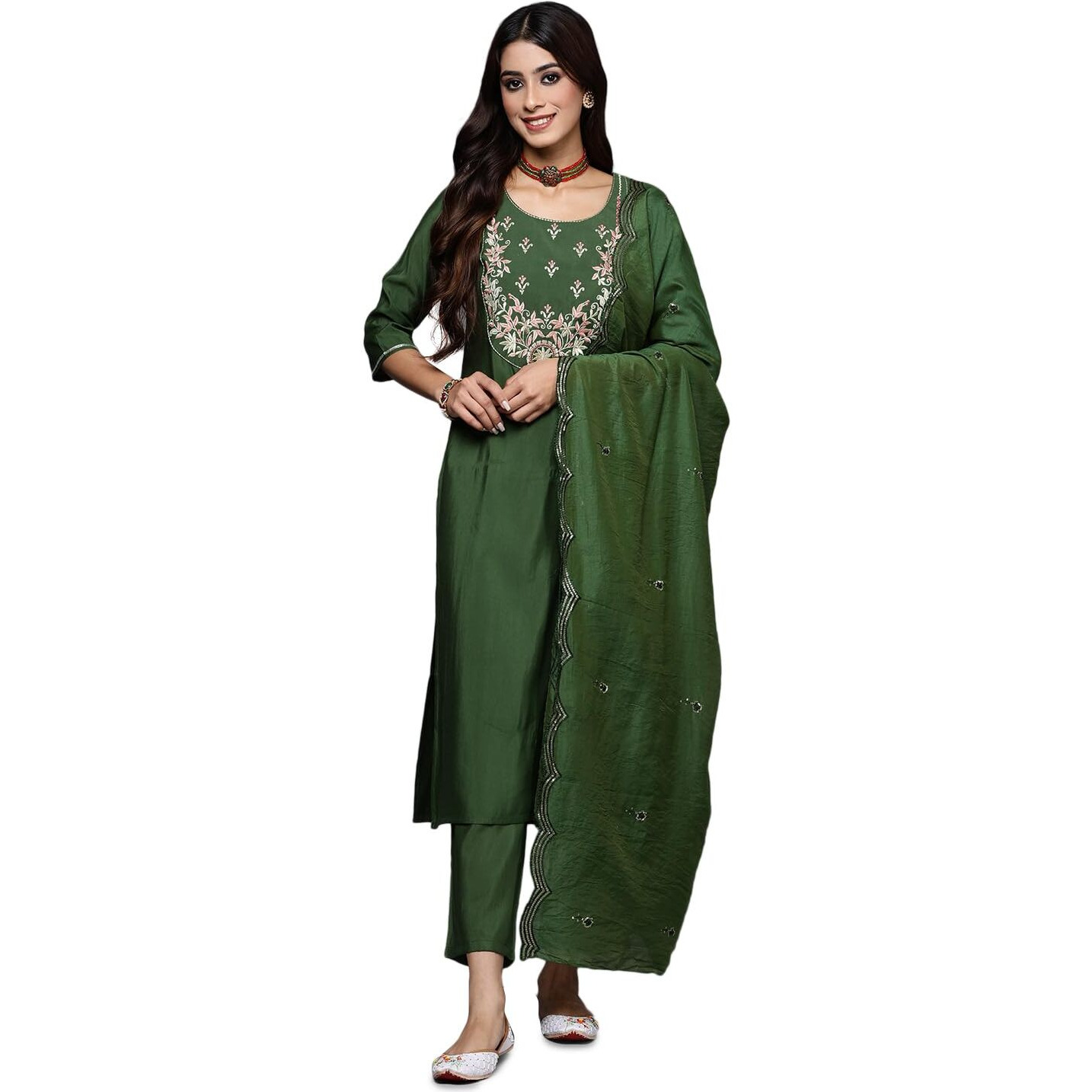 Libas Gerua Womens Yoke Design Silk Blend Straight Kurta With Trousers And Dupatta