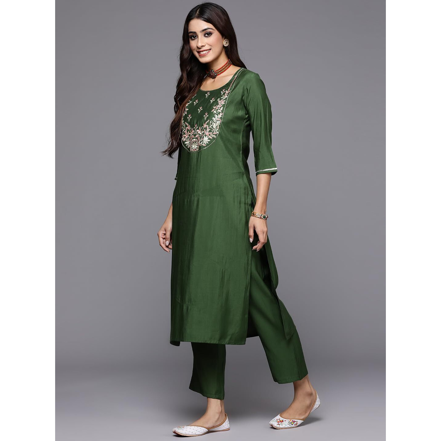 Libas Gerua Womens Yoke Design Silk Blend Straight Kurta With Trousers And Dupatta