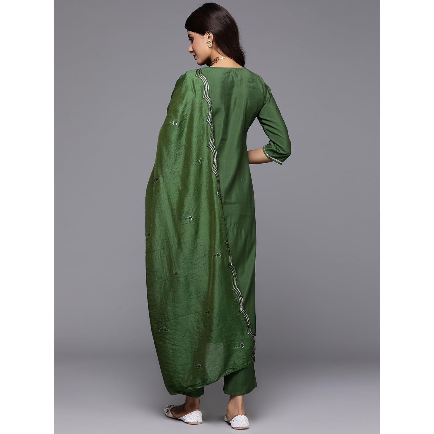 Libas Gerua Womens Yoke Design Silk Blend Straight Kurta With Trousers And Dupatta