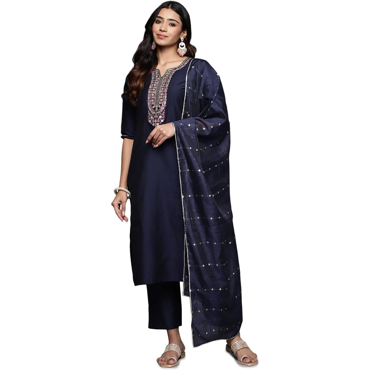 Libas Gerua Womens Yoke Design Silk Blend Straight Kurta With Trousers And Dupatta