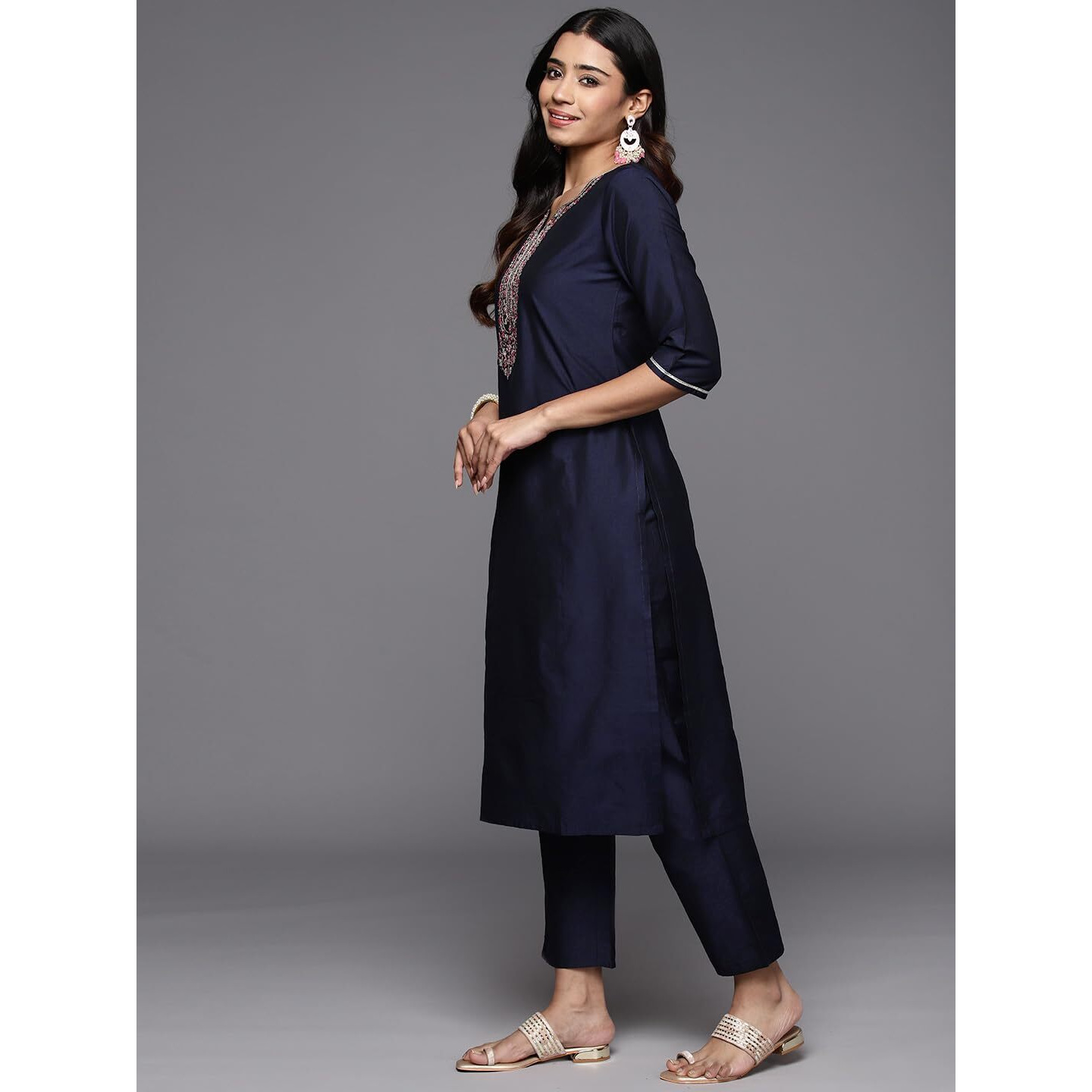 Libas Gerua Womens Yoke Design Silk Blend Straight Kurta With Trousers And Dupatta