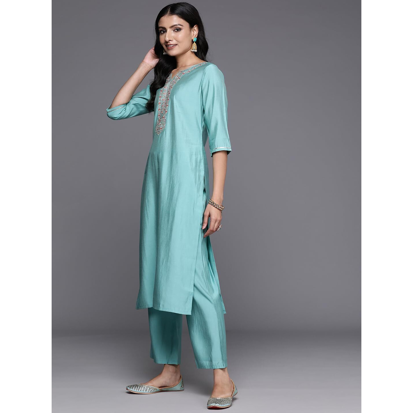Libas Women's Silk Blend Kurta Sets (Gs851_Blue_S)