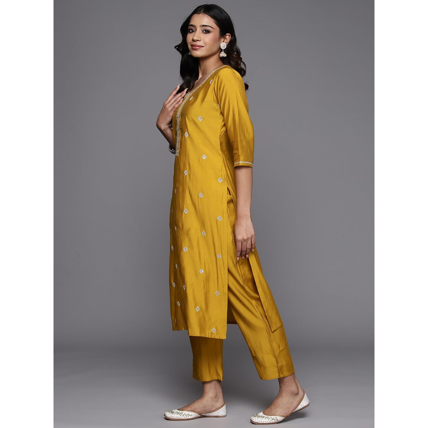 Libas Gerua Womens Embroidered Silk Blend Straight Kurta With Trousers And Dupatta