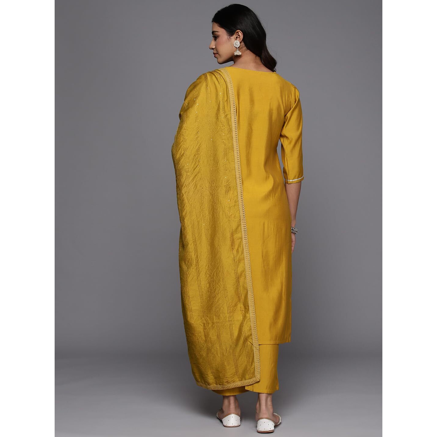 Libas Gerua Womens Embroidered Silk Blend Straight Kurta With Trousers And Dupatta