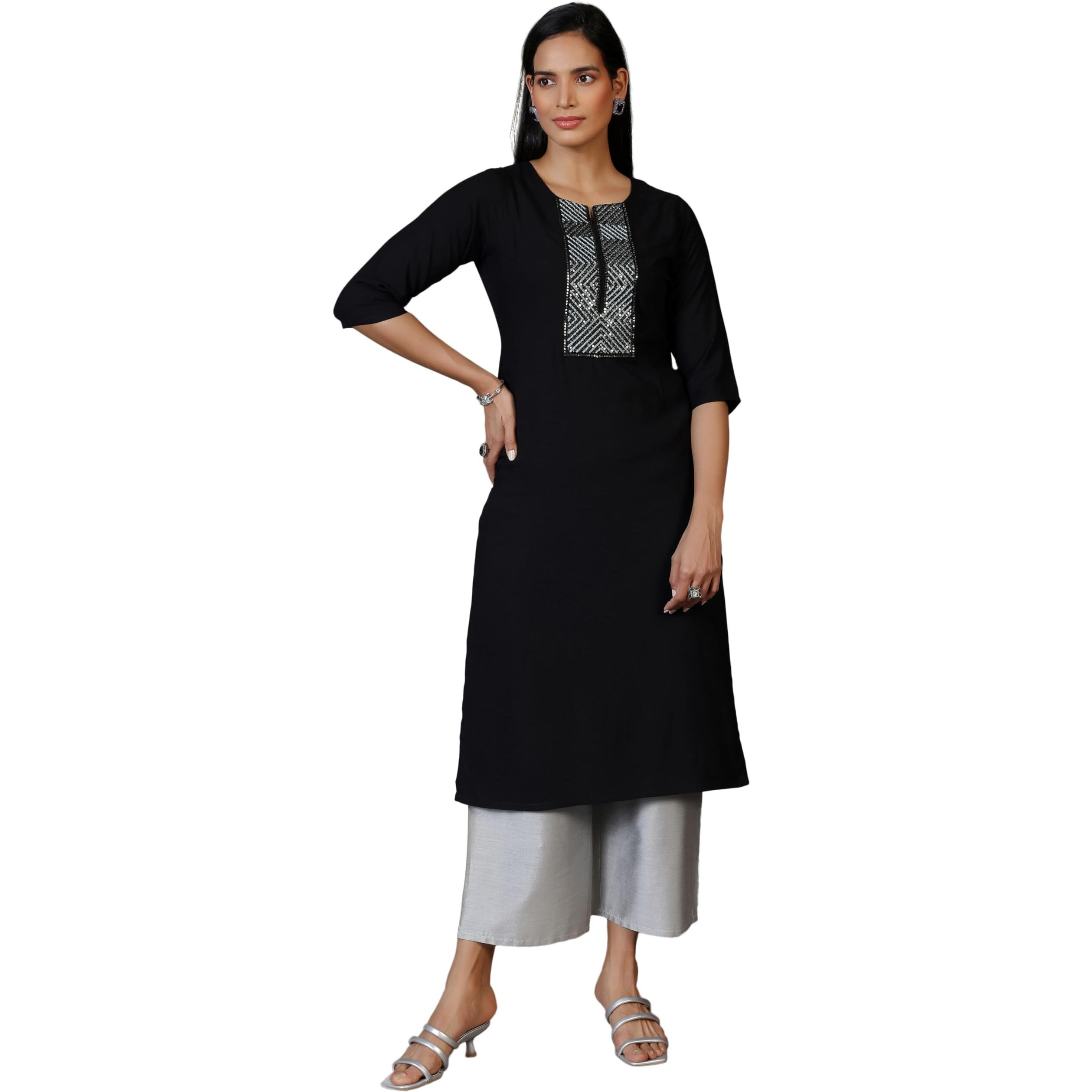 Libas Women's Rayon Blend Embellished Straight Kurta (26745_Black
