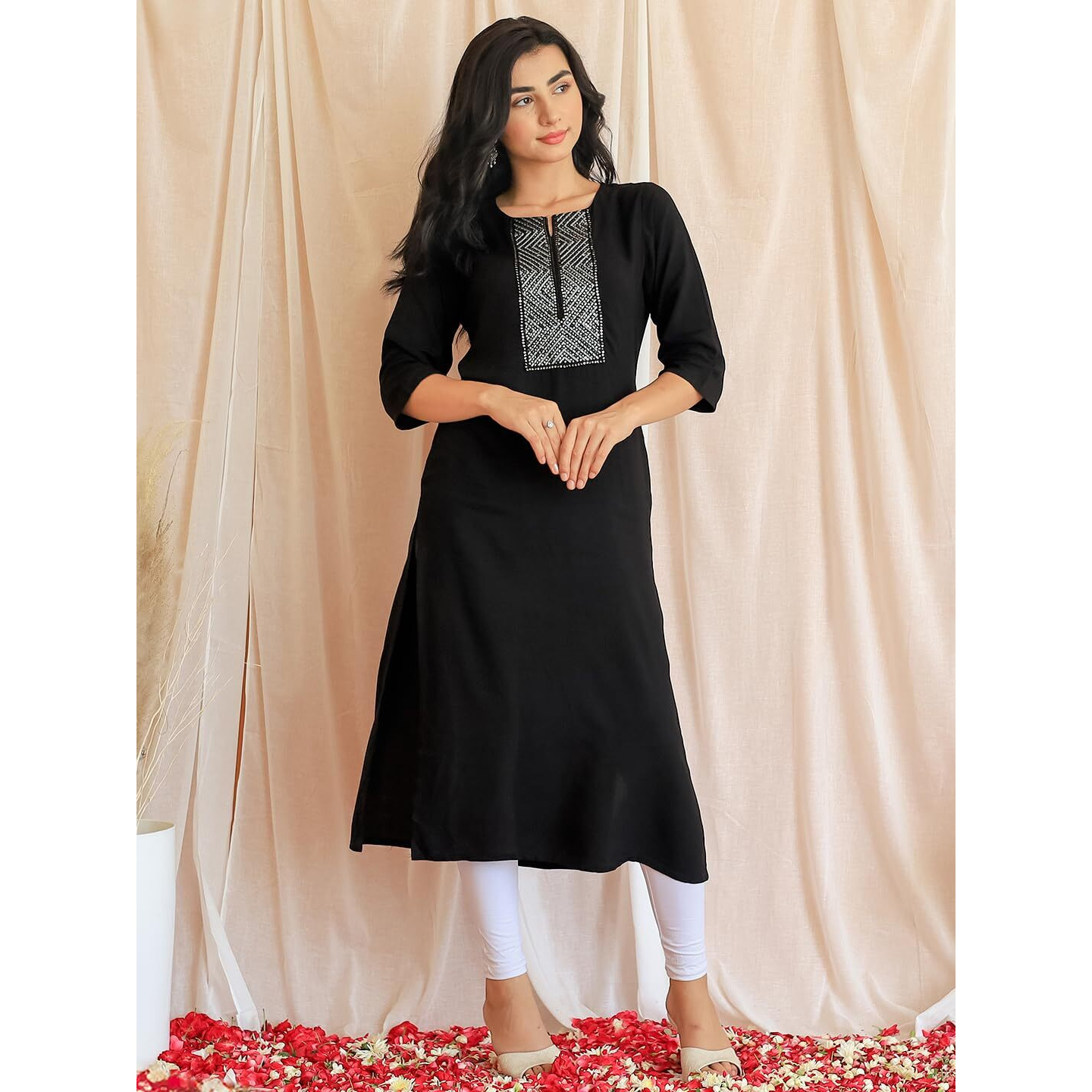 Libas Women's Rayon Blend Embellished Straight Kurta (26745_Black
