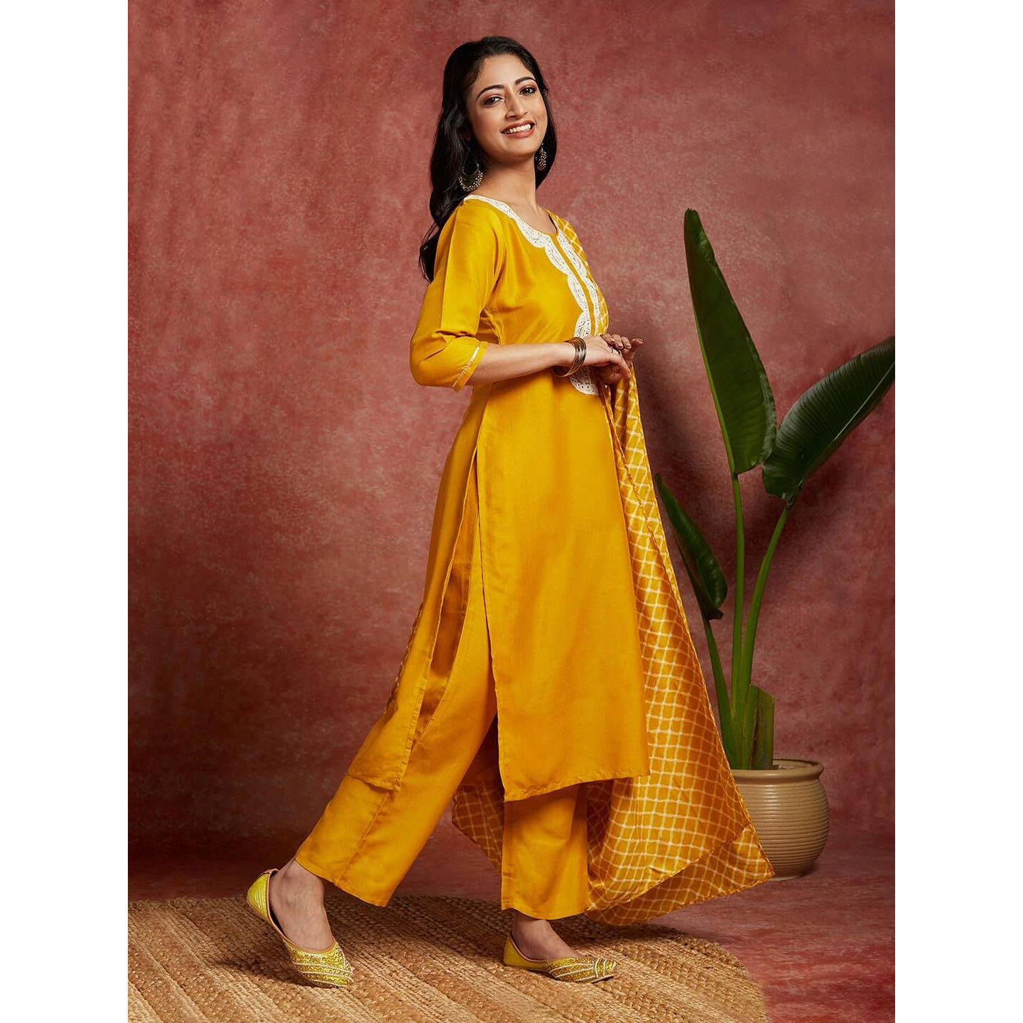 Libas Womens Solid Silk Blend Straight Kurta With Trousers And Dupatta