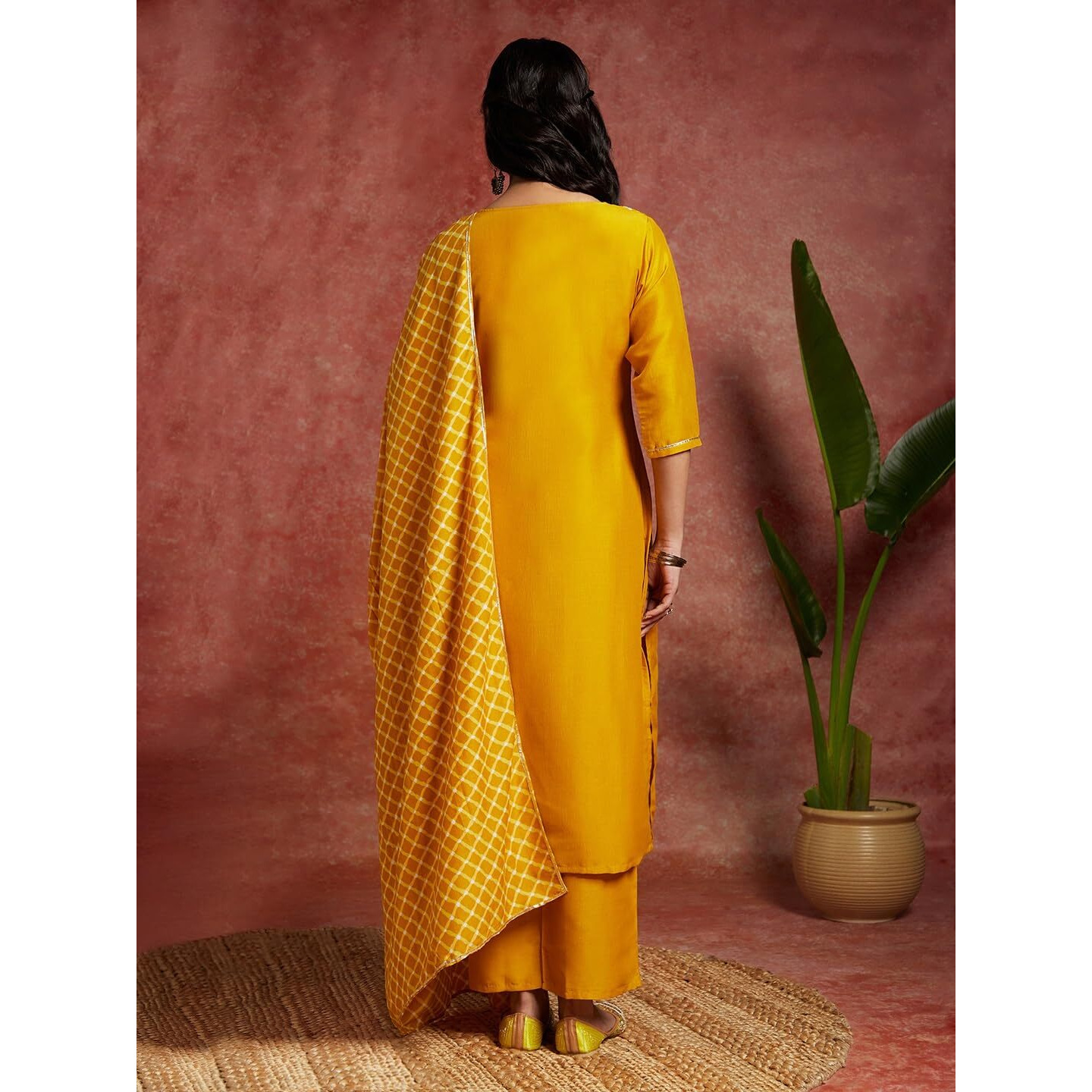 Libas Womens Solid Silk Blend Straight Kurta With Trousers And Dupatta