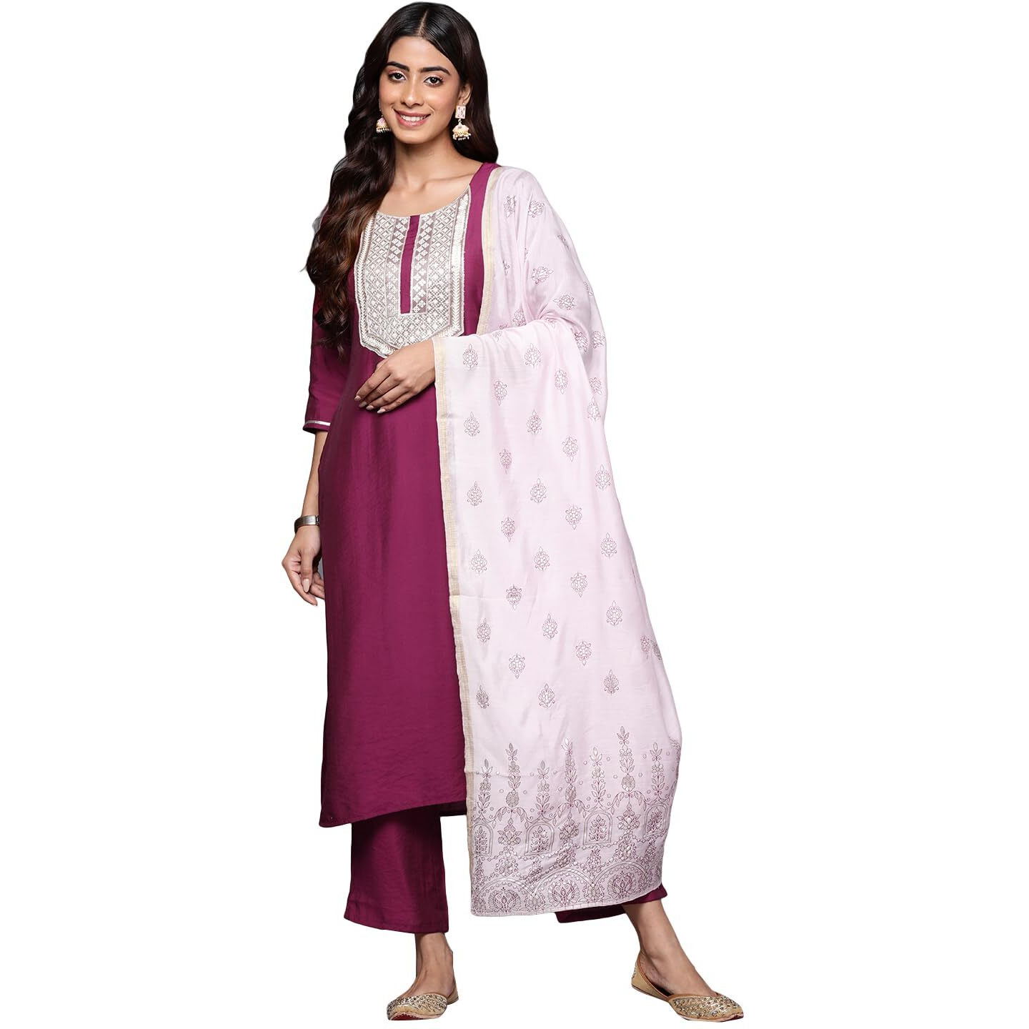 Libas Womens Yoke Design Silk Blend Straight Kurta With Trousers And Dupatta