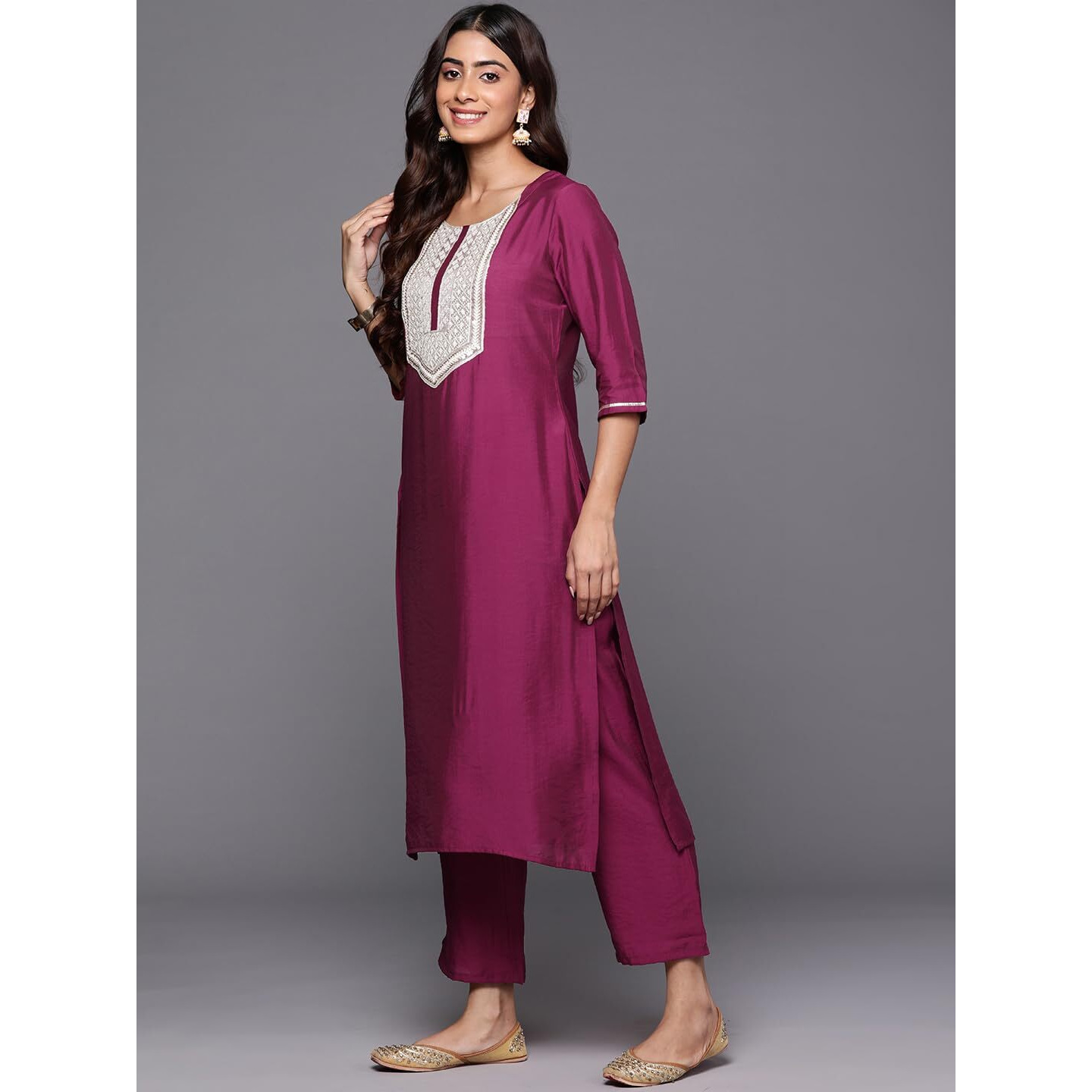 Libas Womens Yoke Design Silk Blend Straight Kurta With Trousers And Dupatta