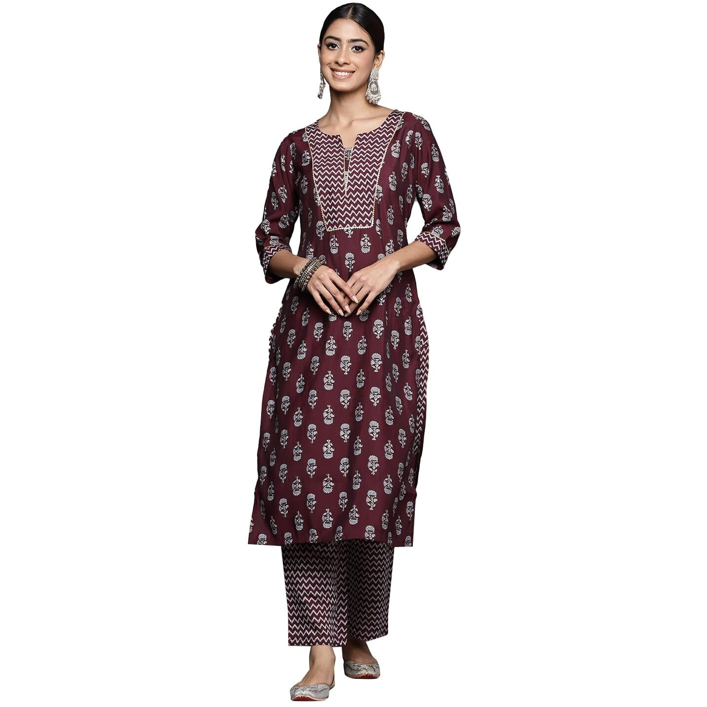 Libas Womens Printed Silk Blend Straight Kurta With Trousers