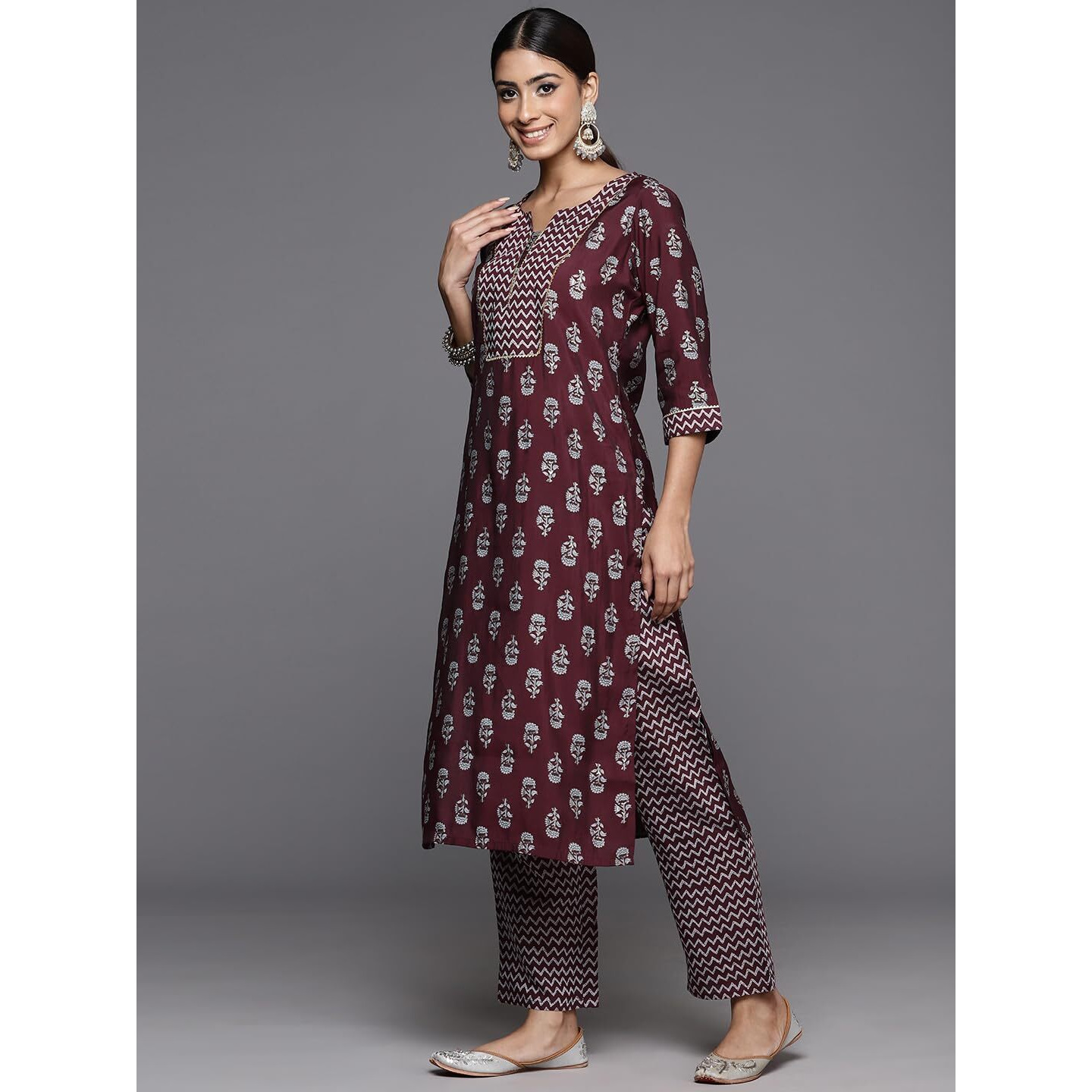 Libas Womens Printed Silk Blend Straight Kurta With Trousers
