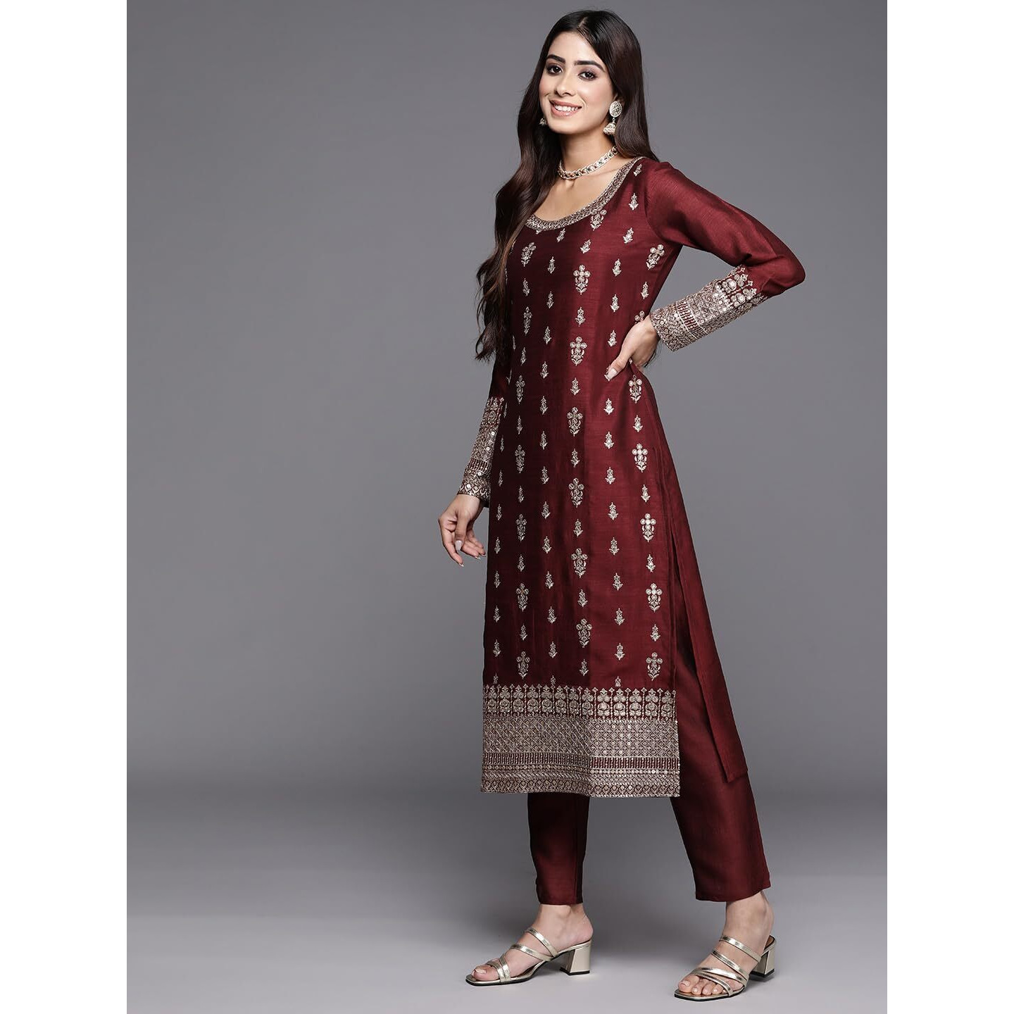Libas Women's Silk Blend Kurta Sets (48361_Maroon