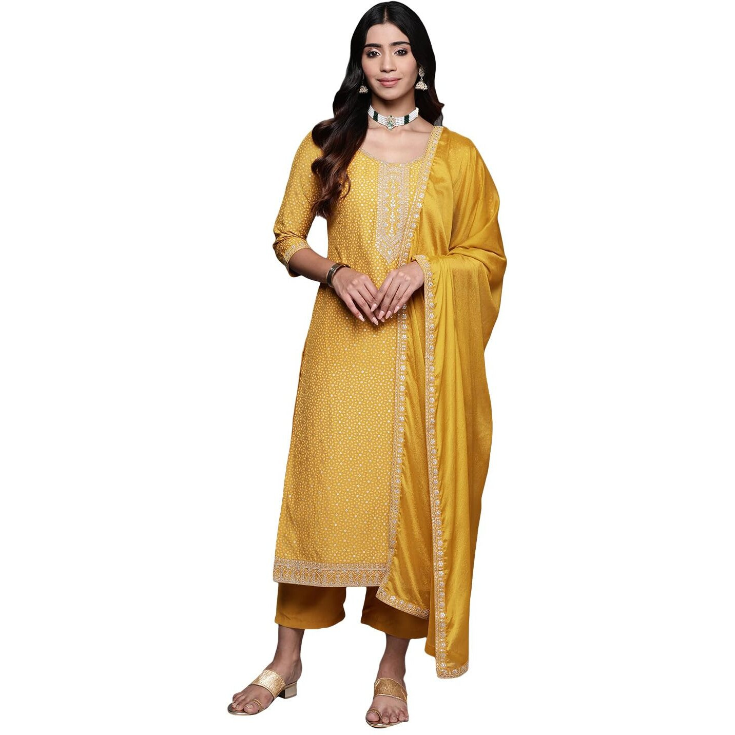 Libas Womens Yoke Design Silk Blend Straight Kurta With Trousers And Dupatta