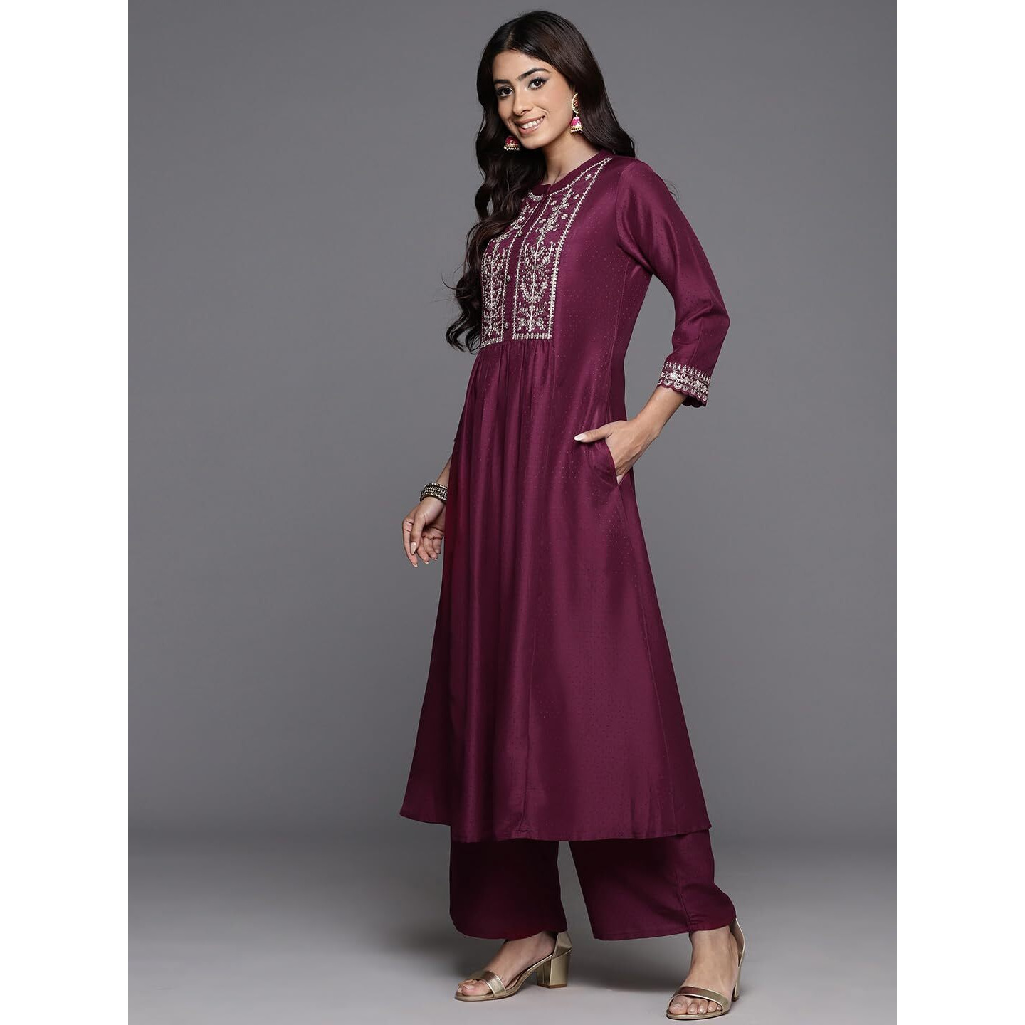 Libas Women's Silk Blend Kurta Sets (48404_Wine