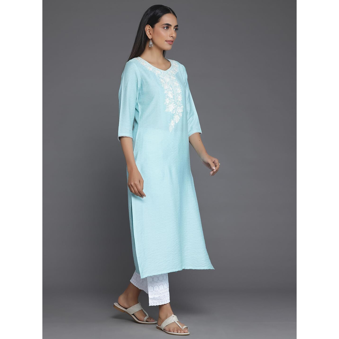 Libas Women's Silk Floral Straight Kurta (26808 Blue