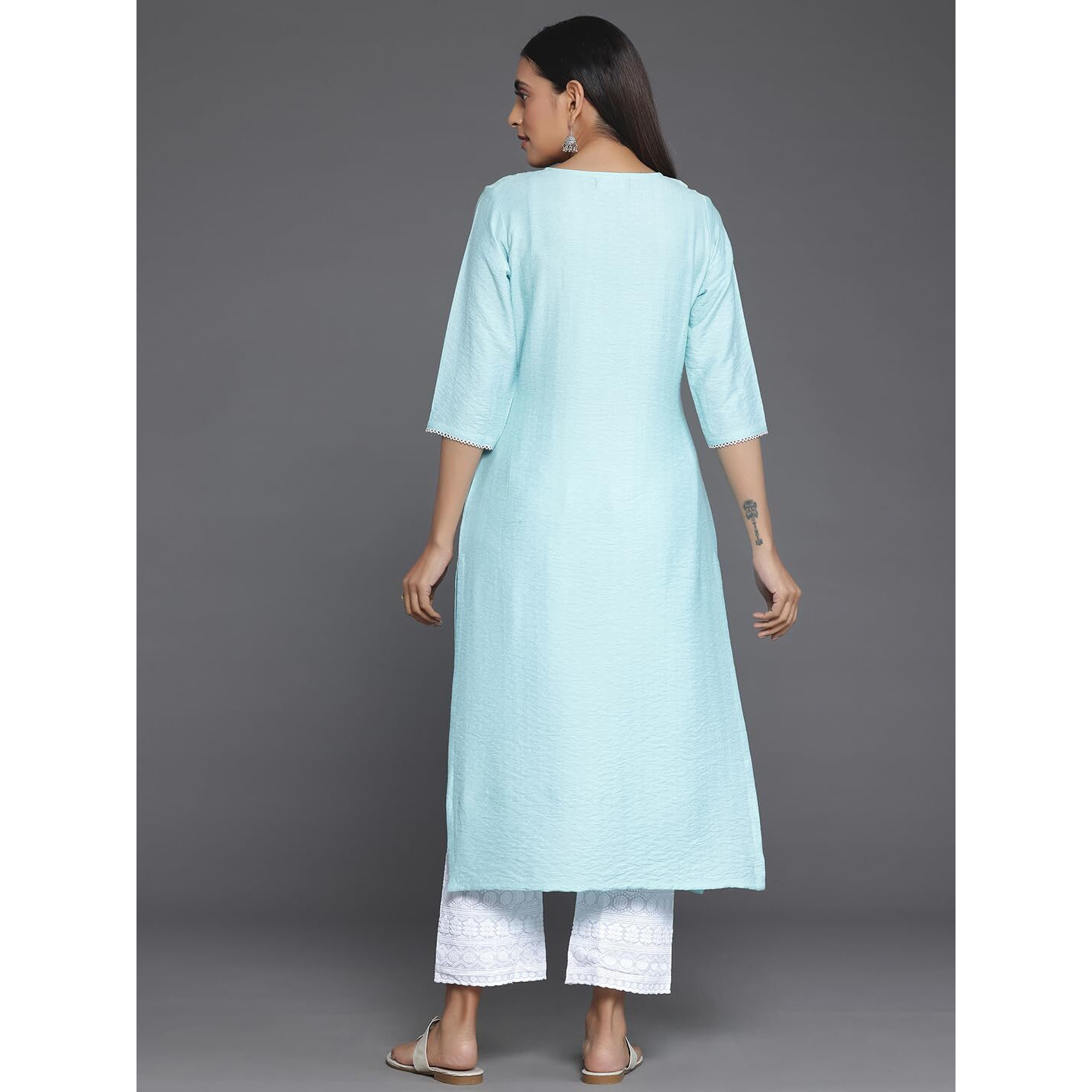 Libas Women's Silk Floral Straight Kurta (26808 Blue