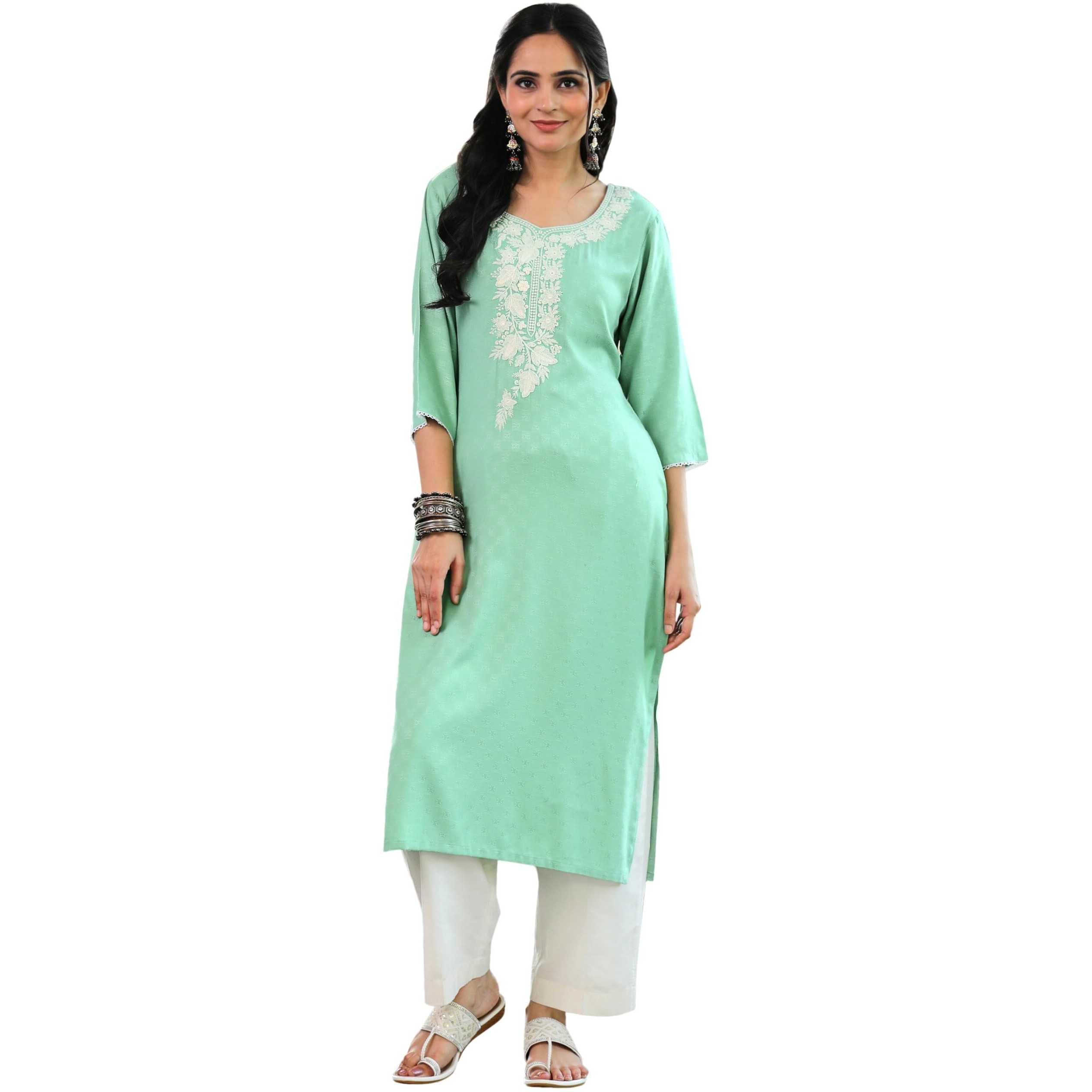 Libas Women's Rayon Blend Yoke Design Straight Kurta (26809_Green
