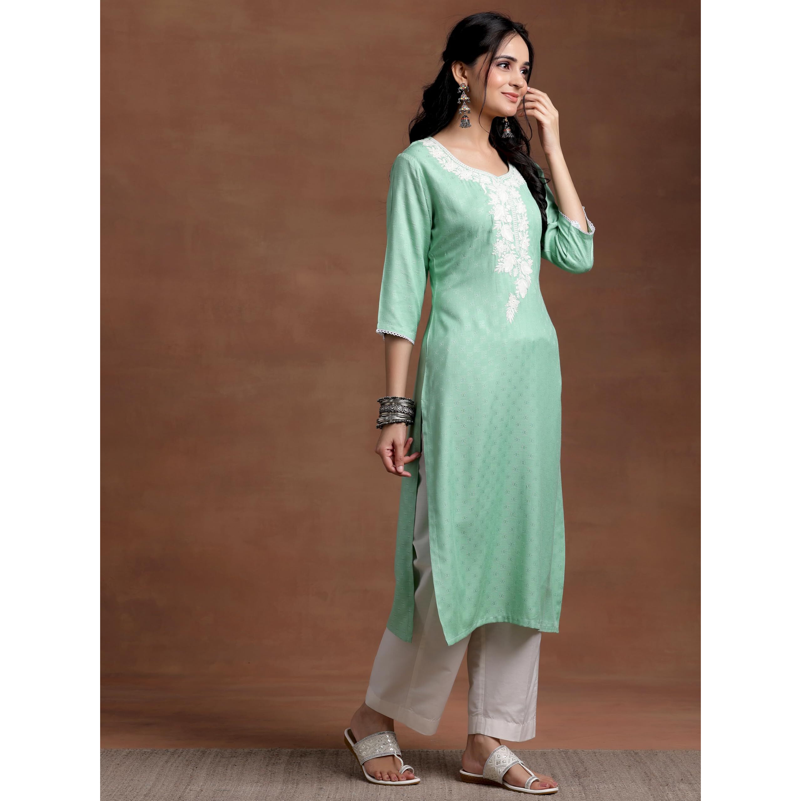 Libas Women's Rayon Blend Yoke Design Straight Kurta (26809_Green