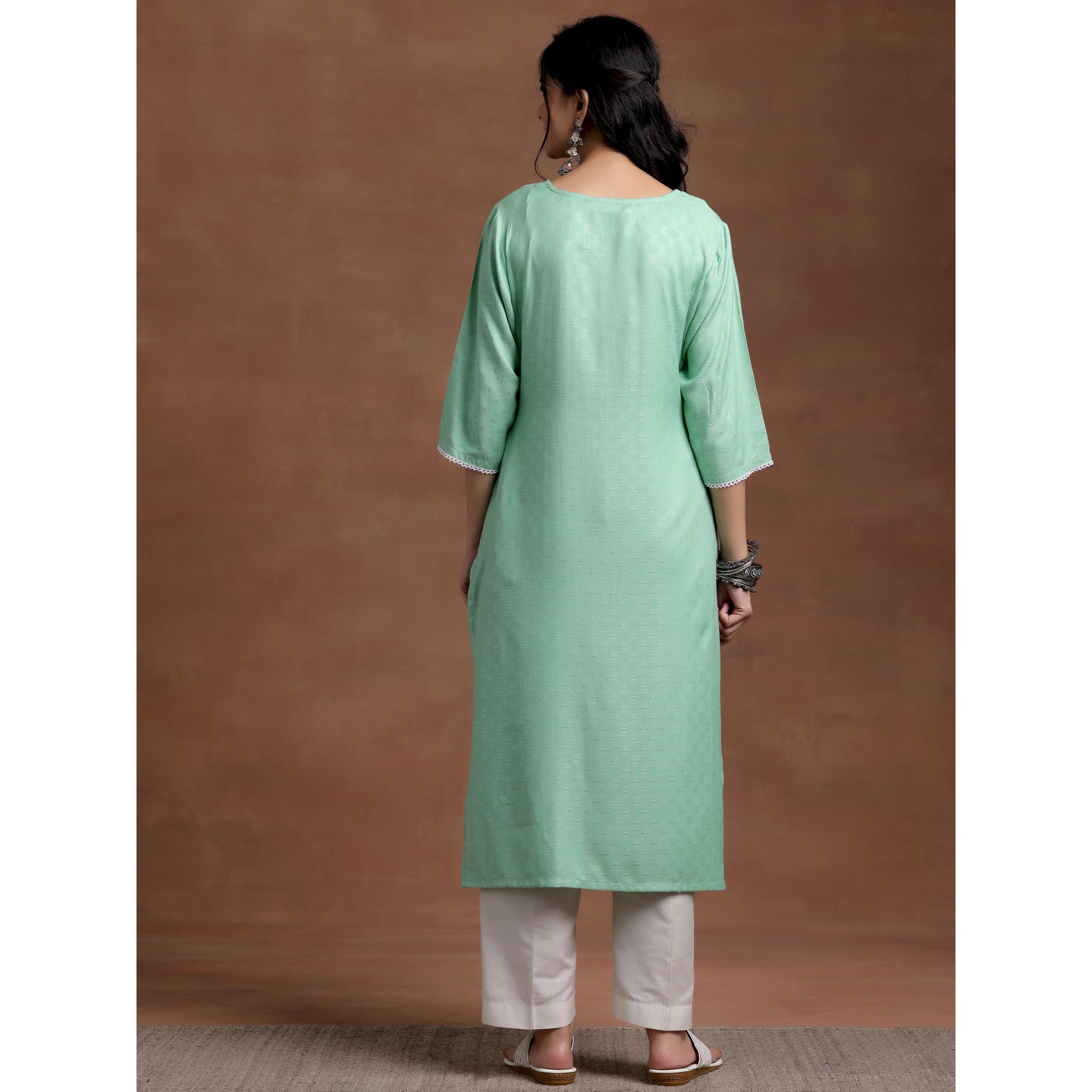 Libas Women's Rayon Blend Yoke Design Straight Kurta (26809_Green