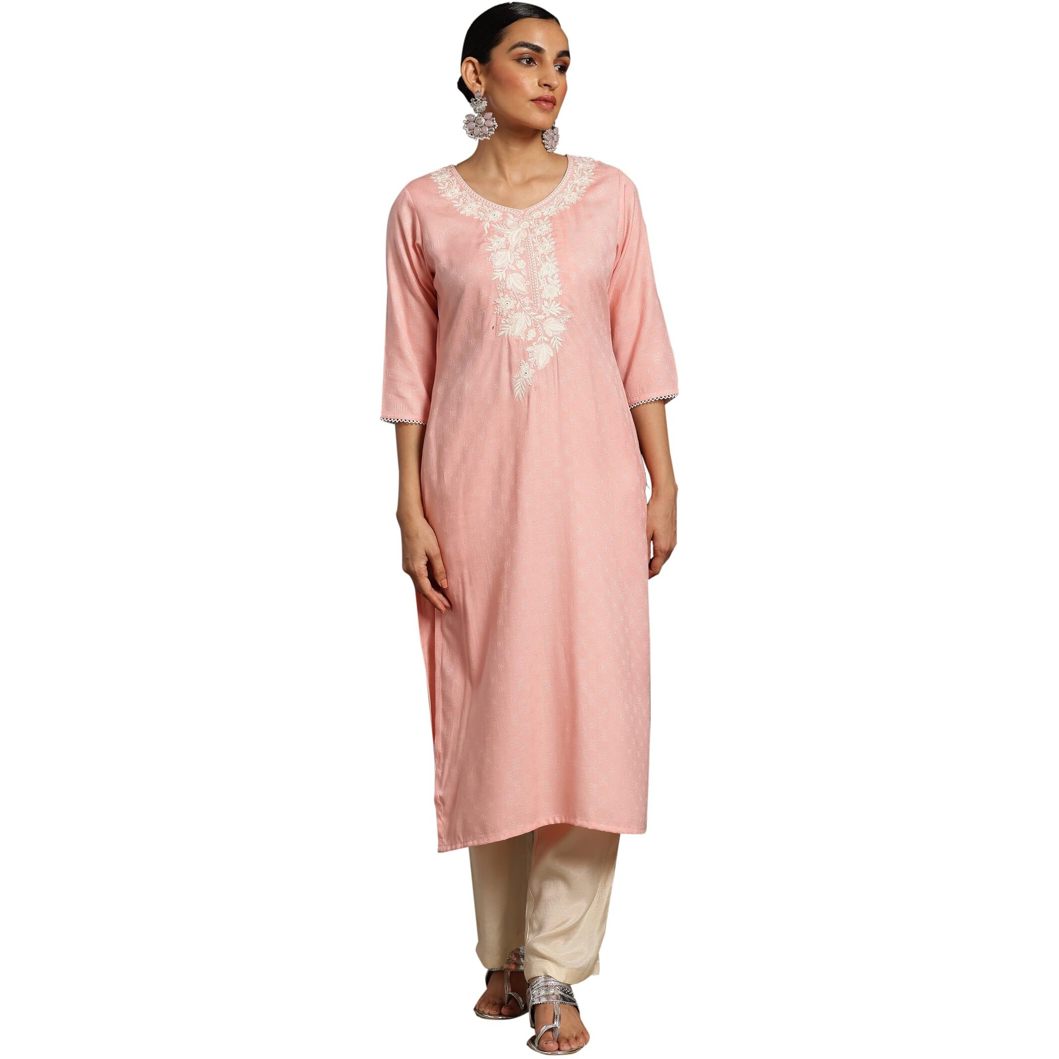 Libas Women's Rayon Blend Yoke Design Straight Kurta (26810_Pink