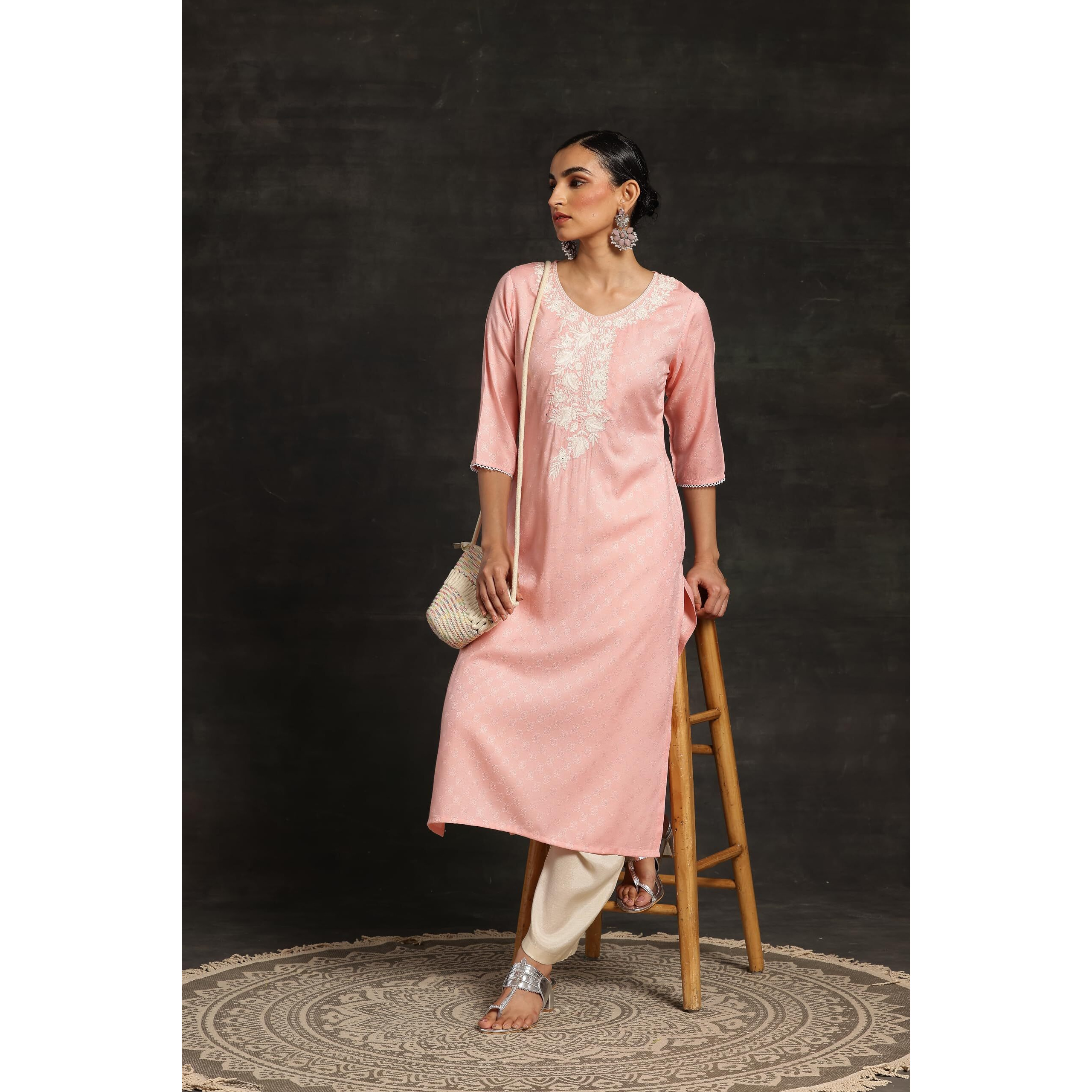 Libas Women's Rayon Blend Yoke Design Straight Kurta (26810_Pink