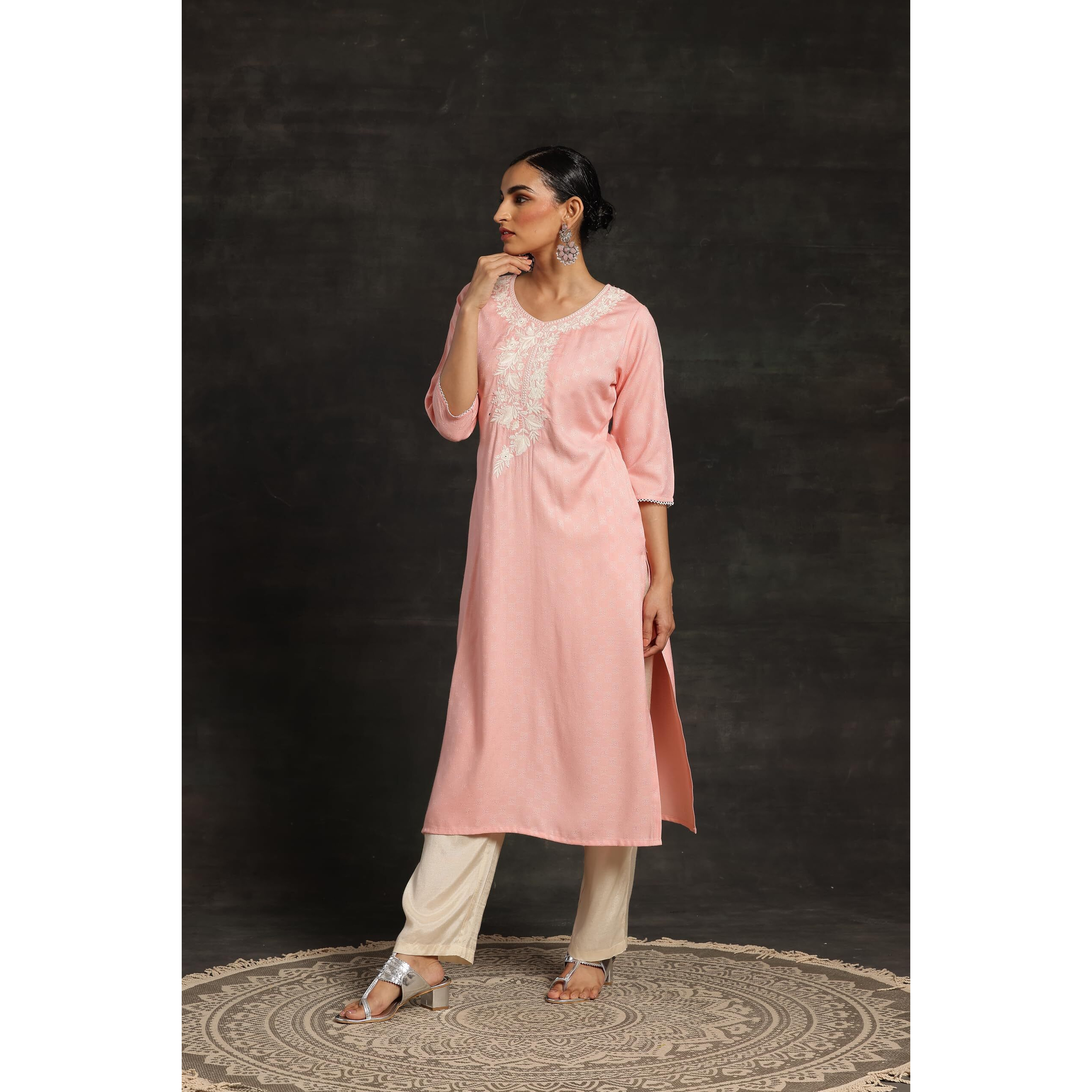 Libas Women's Rayon Blend Yoke Design Straight Kurta (26810_Pink