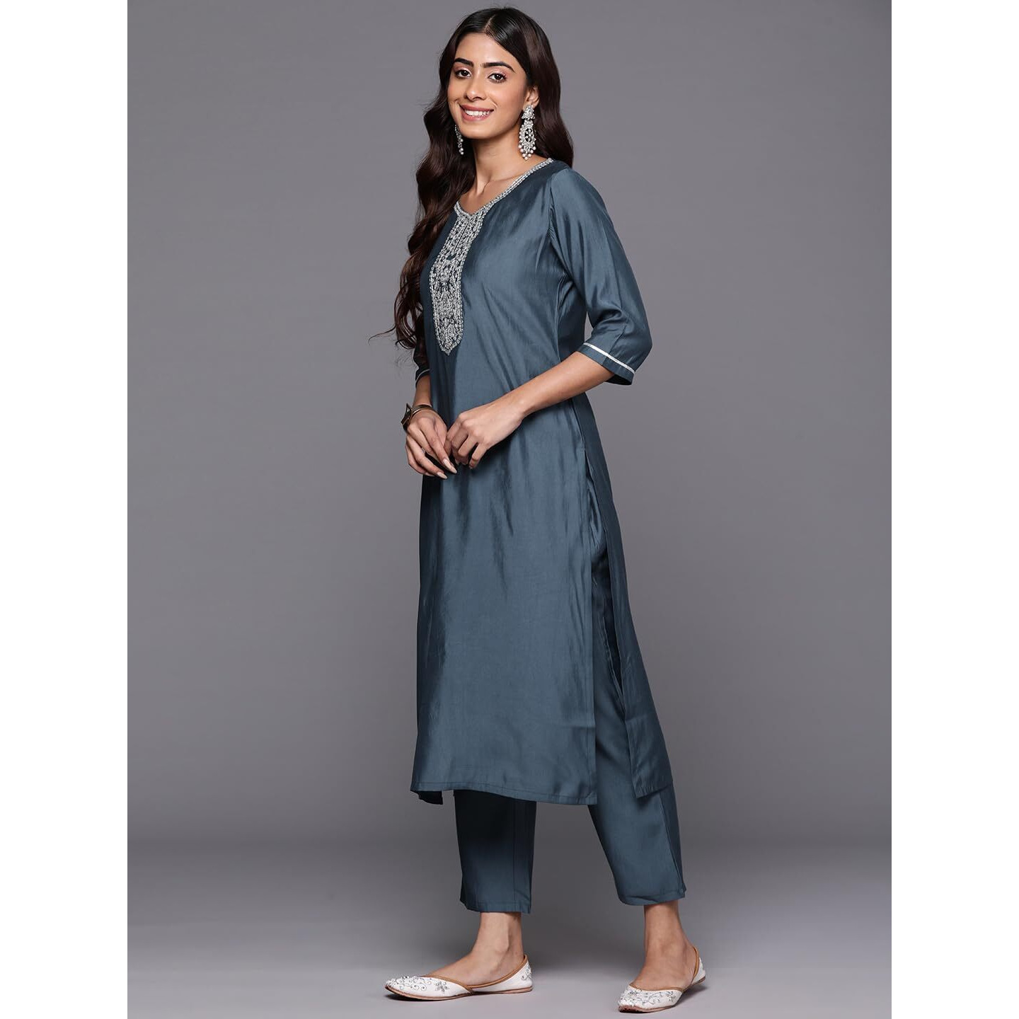 Libas Womens Yoke Design Silk Blend Straight Kurta With Trousers And Dupatta