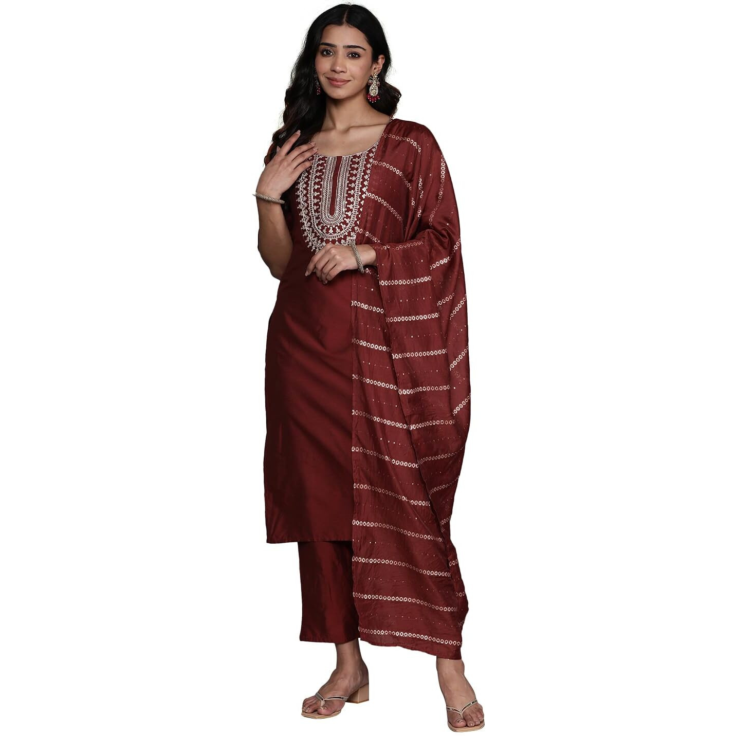 Libas Womens Yoke Design Silk Blend Straight Kurta With Trousers And Dupatta