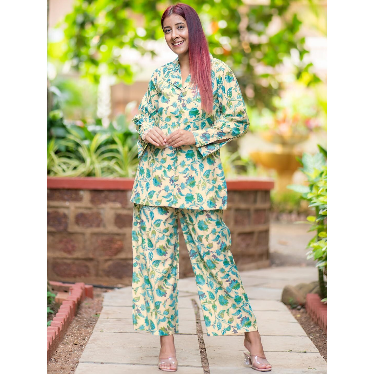 Libas Womens Printed Silk Blend Co-Ord Set For Women Beige