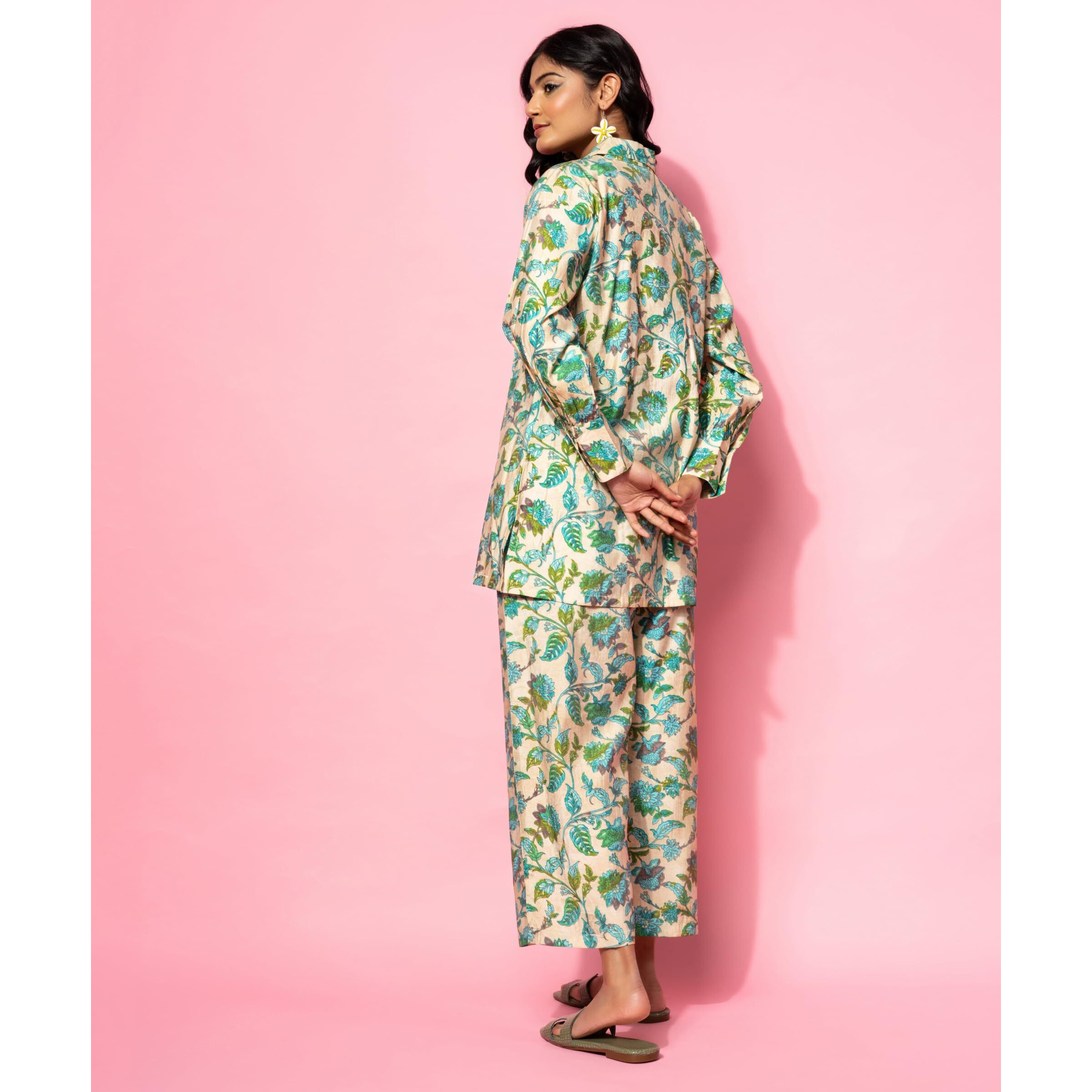 Libas Womens Printed Silk Blend Co-Ord Set For Women Beige