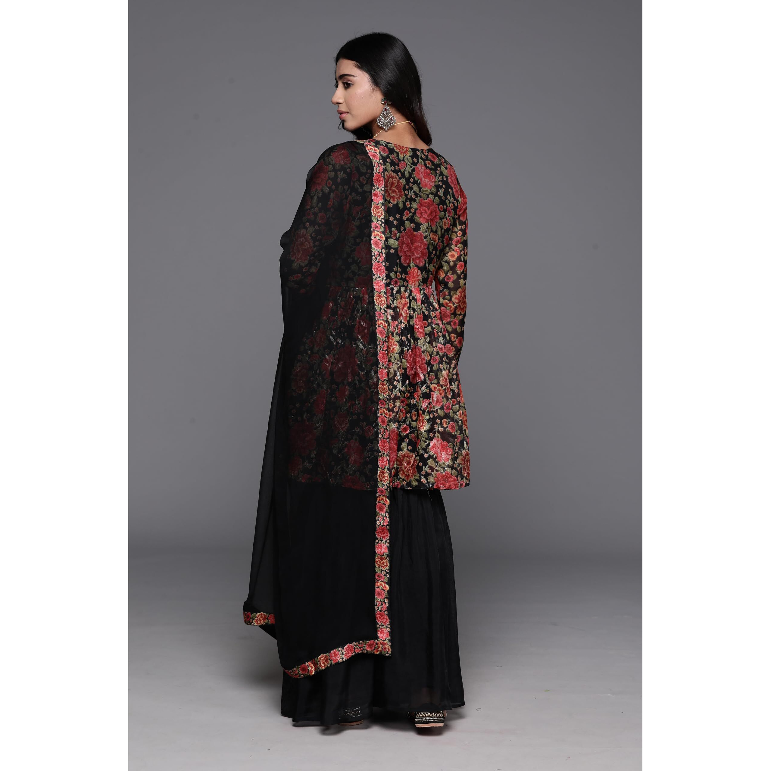 Libas Black Embroidered Organza A-Line Kurta With Sharara & Dupatta